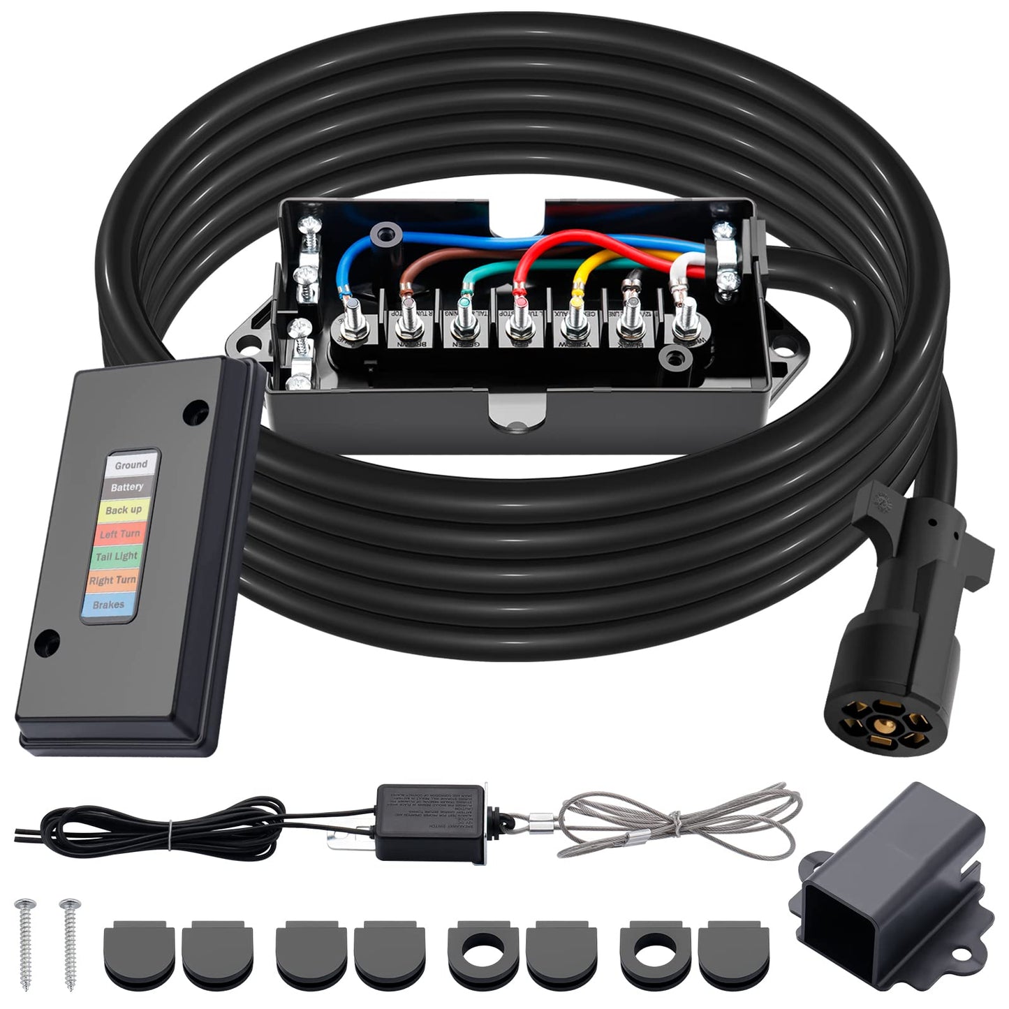 CheeMuii 15 FT 7 Way Trailer Cord and 7 Gang Junction Box Kit with 12 V Breakaway Switch and Plug Holder Heavy Duty Trailer Wiring Harness Kit for Trailers RVs Campers