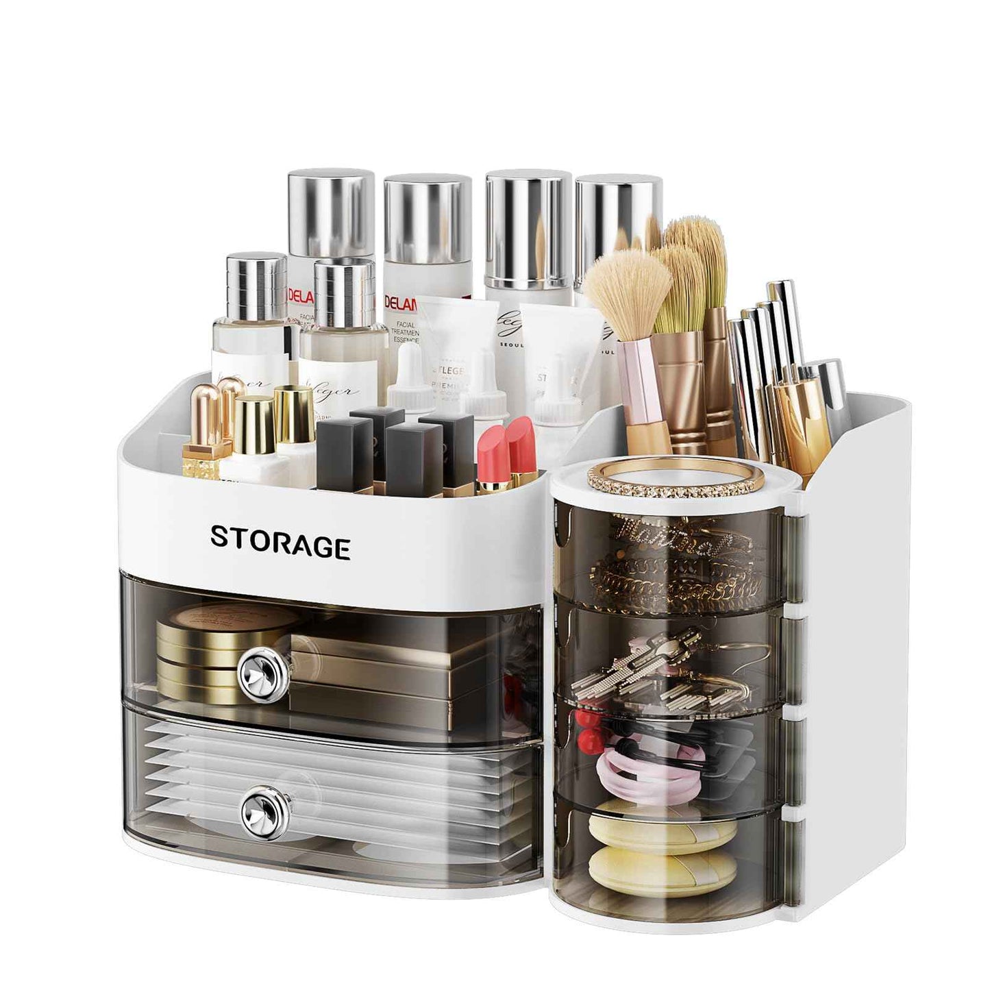 LAMU Makeup Organizer Countertop, Cosmetic Storage for Dresser Bathroom Countertop, Include 4-Tier Rotating Jewelry Box for Brushes, Skincare, Perfume, Jewelry Organizer, Ideal Christmas Gifts, White