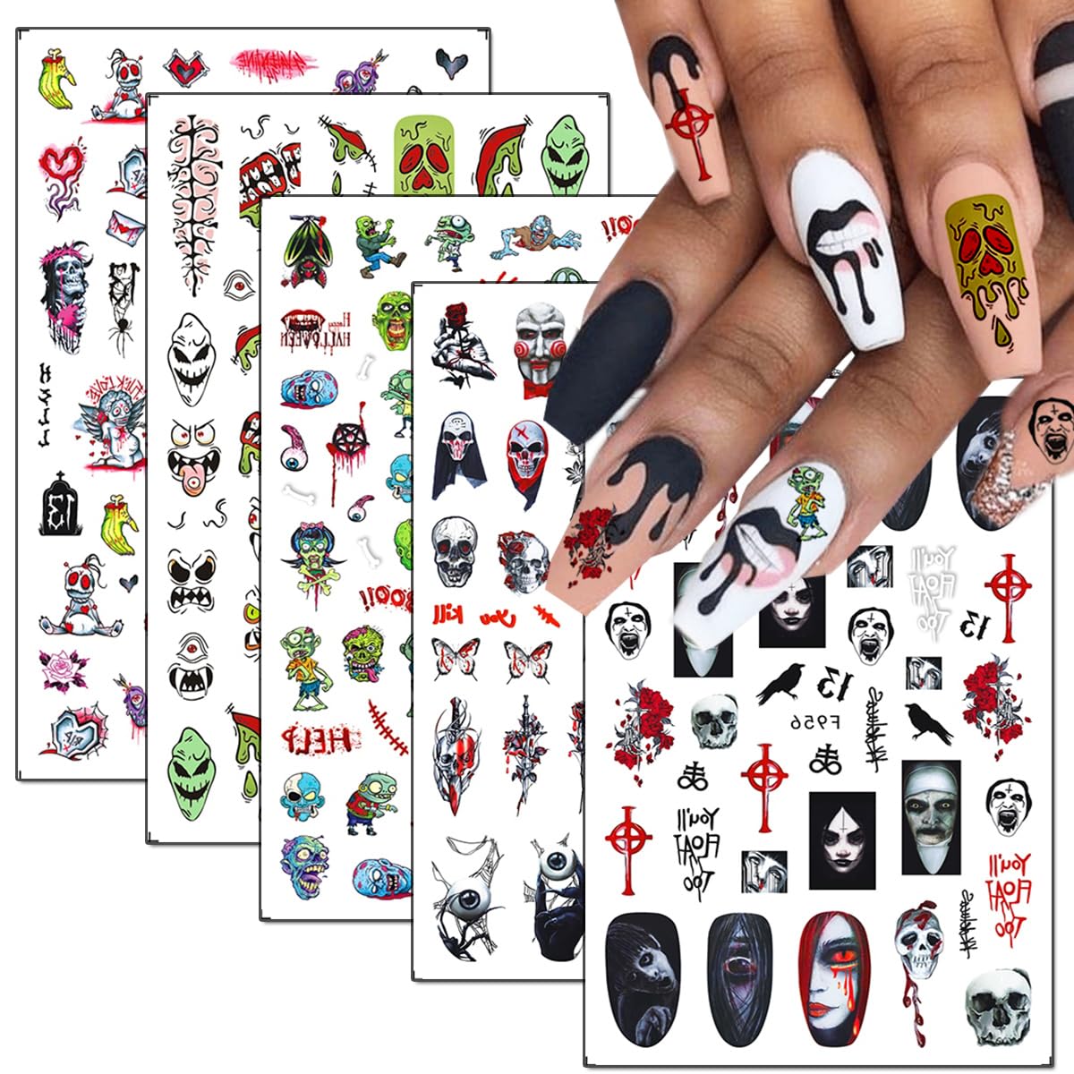 10Sheets Halloween Nails Art Stickers Decals Scary Ghost Nail Art DIY Rose Butterflies Nail Design Halloween Gothic Bloody Eye Nail Stickers Decals for Women Girls Manicure Decoration Supplies.