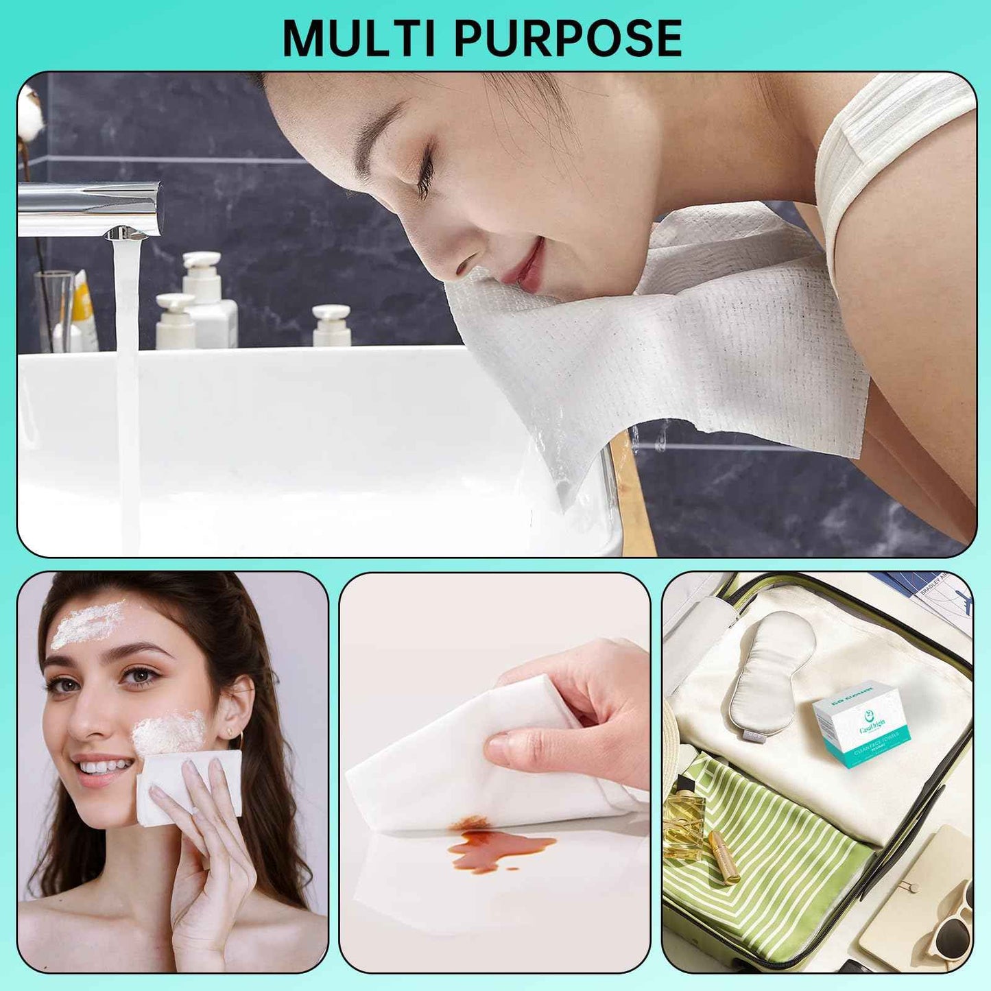 ONLYCARE Disposable Face Towel, Biodegradable Face Towels, 10" x 12" Super Thick Soft Facial Towels, 150 Count Face Towelettes Disposable for Sensitive Skin, Makeup Remover Dry Wipes, 3 Pack