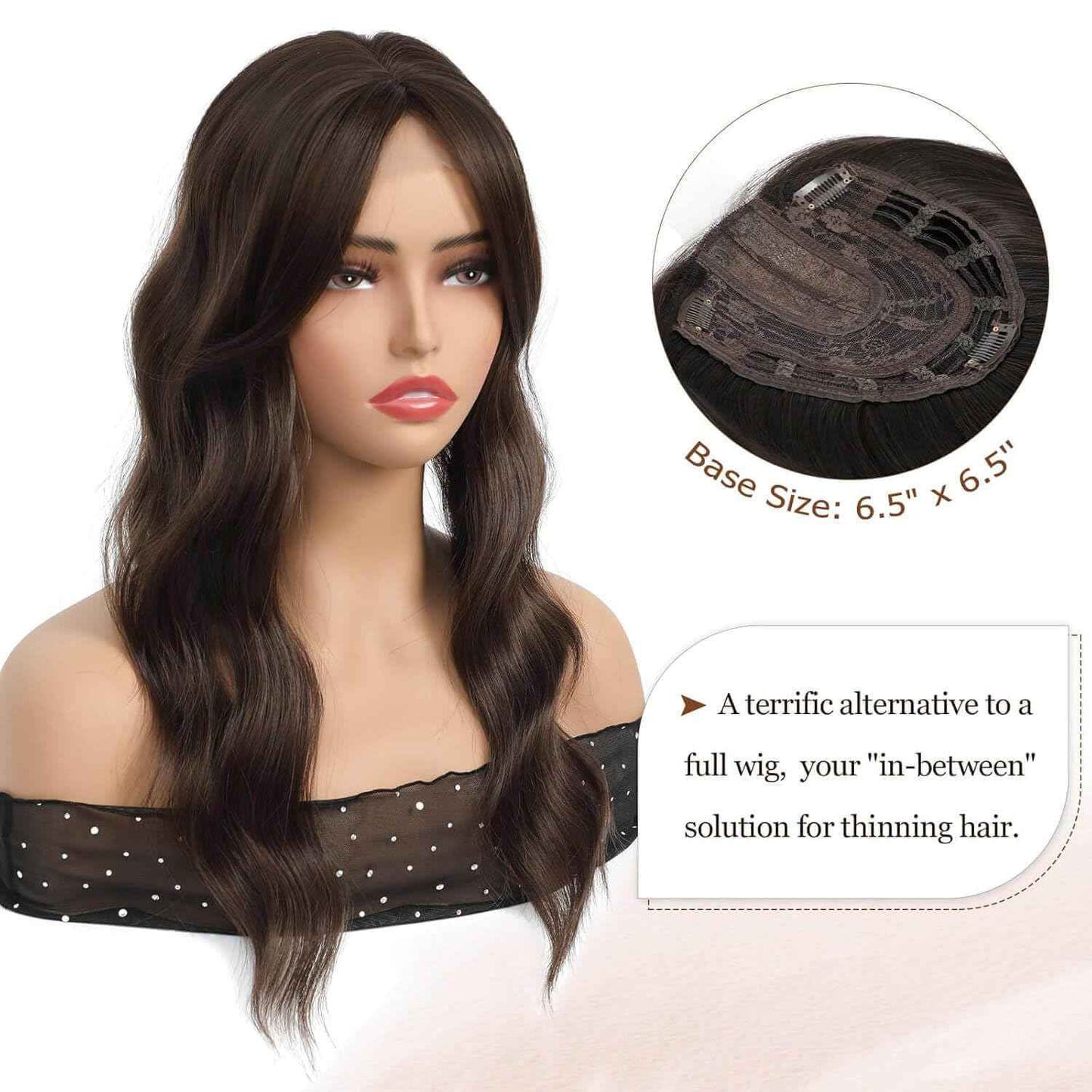 MORICHY Hair Toppers for Women Clip in Hair Topper with Bangs 20inch Coffee Brown Long Wavy Curly Synthetic HairPieces for Women