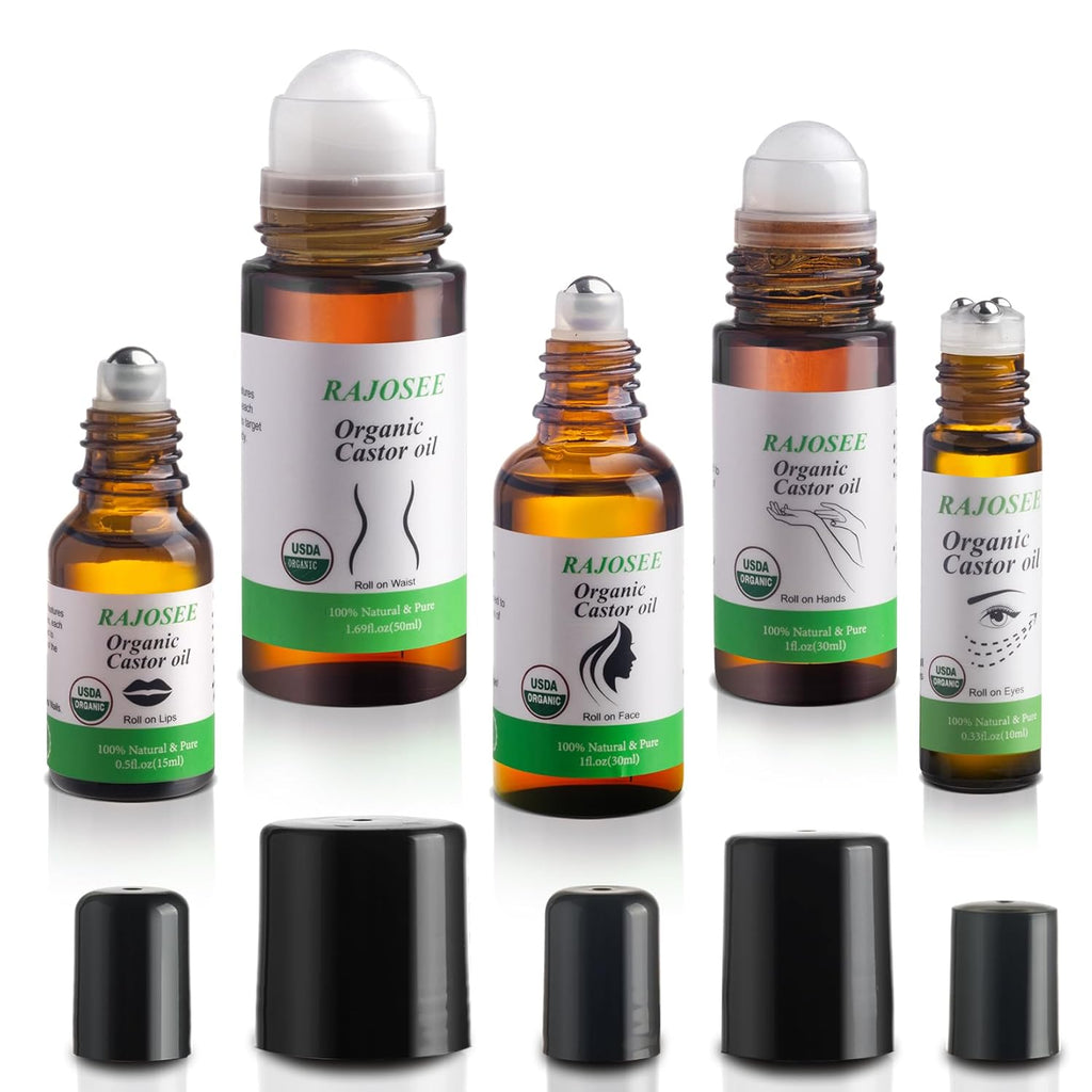 Castor Oil Roll on in Glass Bottle, Certified Organic Castor Oil Roller for Body Hair Skin Lip Eyebrow Pure Organic Cold Pressed Essential Oil - 1fl.oz