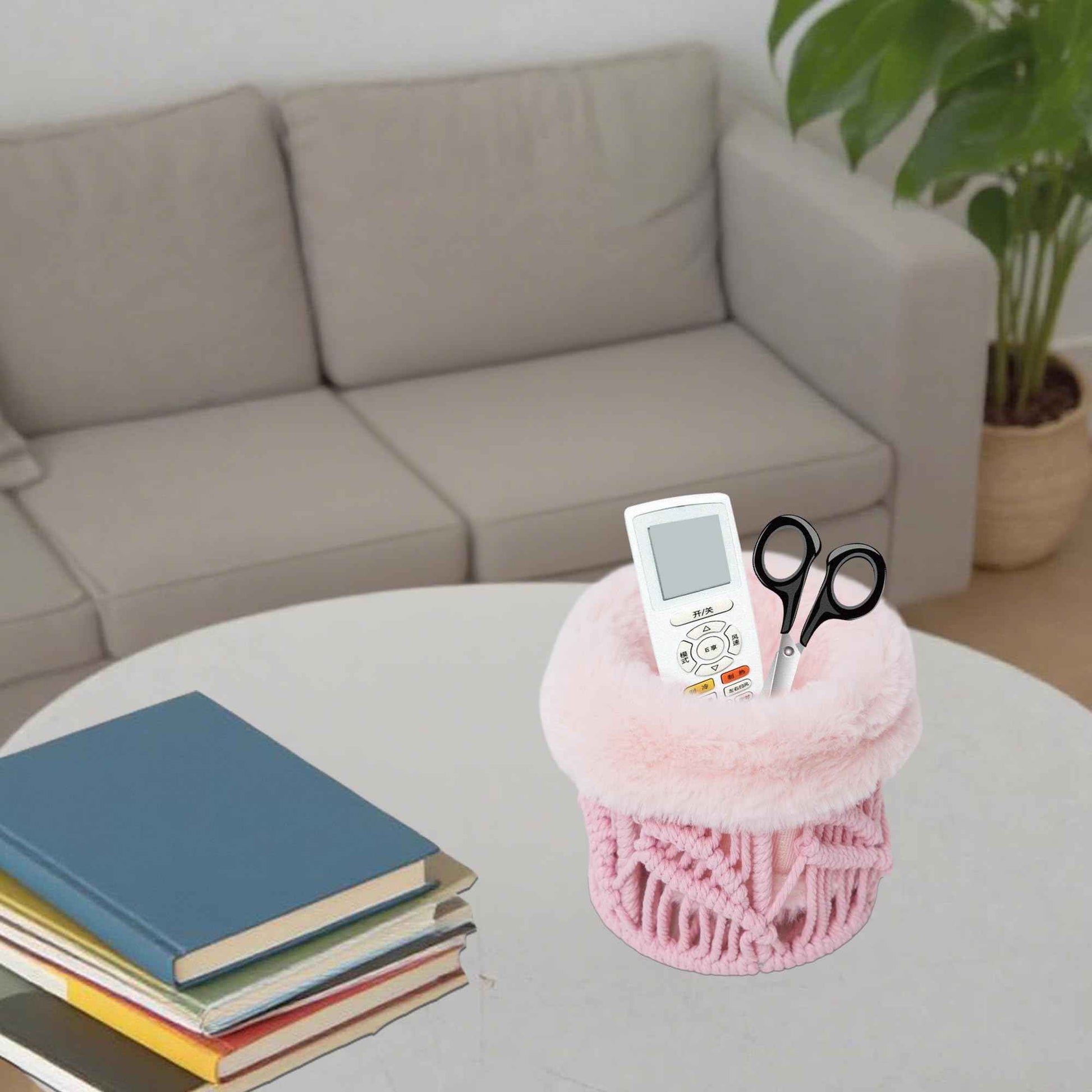 QIANWEIWOVEN Handmade Cotton rope makeup bucket organizer with removable plush lining,Cosmetic organizer (Pink)