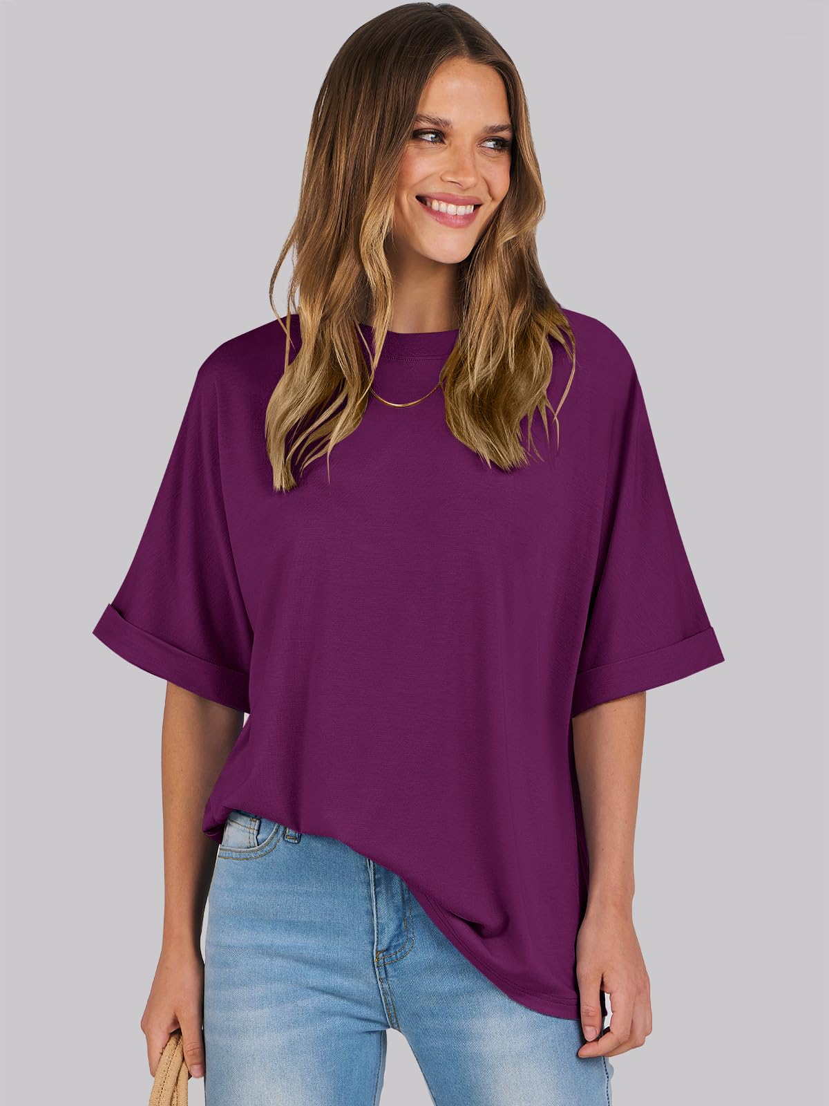 ANRABESS Women's Oversized T Shirts Short Sleeve Crewneck Summer Tops Casual Loose Basic Tee Shirts 2024 Trendy Clothes Purple Small