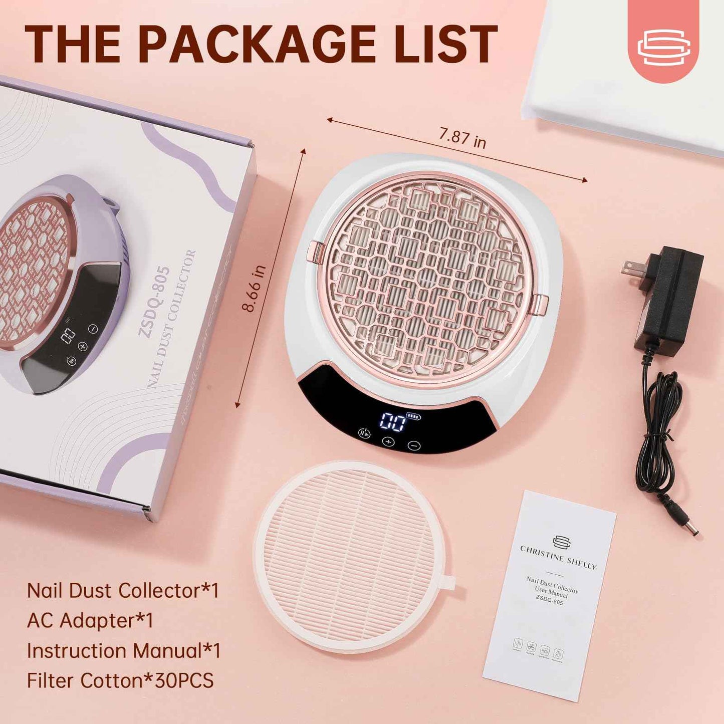 CHRISTINE SHELLY 3500RPM Cordless Nail Dust Collector,Portable Dust Collector Nail Tech with LED Display,Rechargeable Dust Suction Machine with Reusable Fillter for Acrylic Gel Polish,Salon & Home