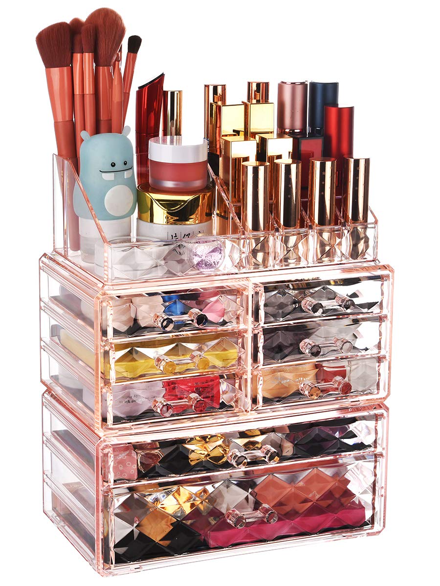 ZHIAI Makeup Organizer Acrylic Cosmetic Storage Drawers and Jewelry Display Box Transparent (Style C(Pink Diamond): 1 Top, 6 Small, 1 Large, 1 XLarge Drawers)