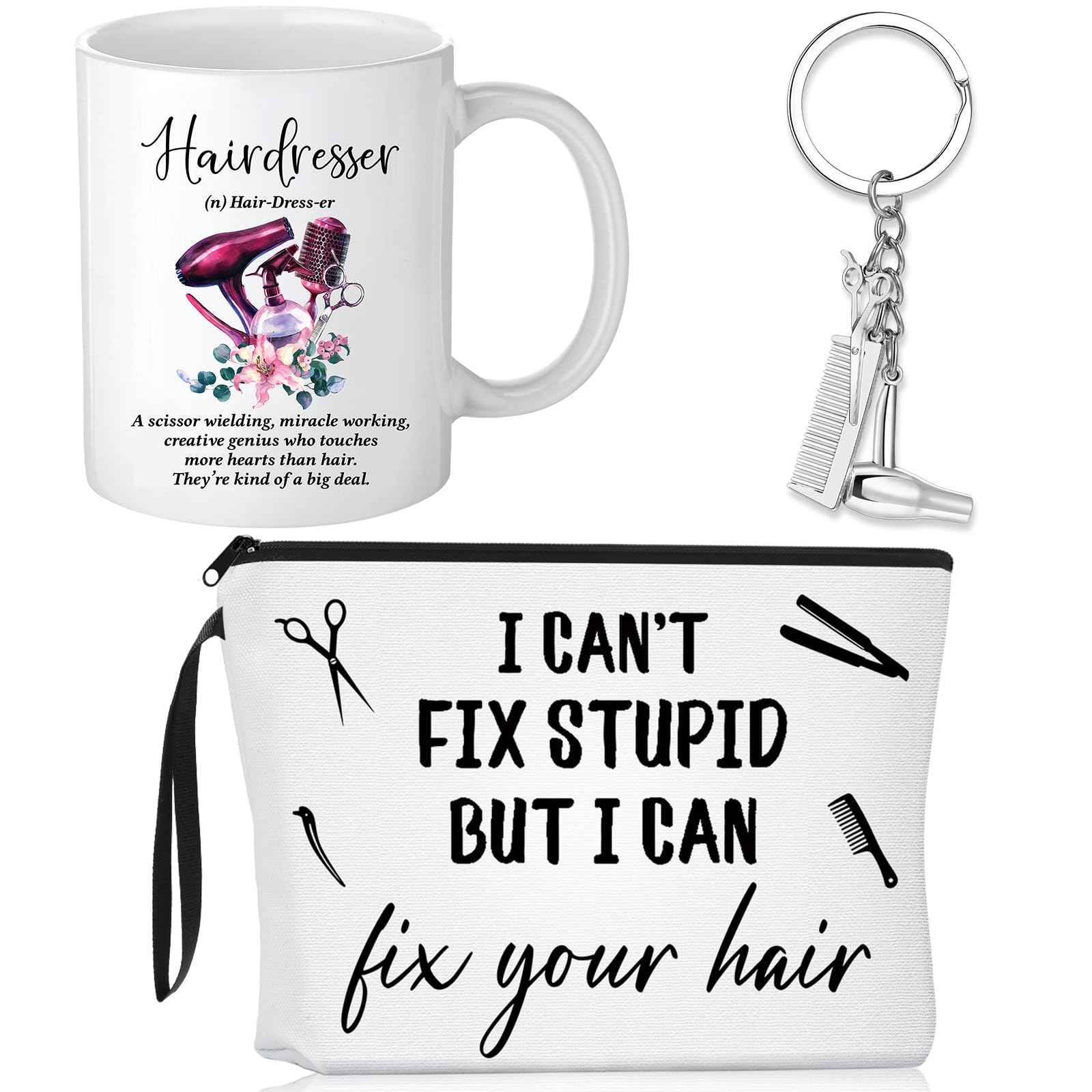 Reginary 3 Pcs Christmas Hairdresser Gifts Bulk Hair Stylist Appreciation Gifts Bulk Cosmetology Makeup Bag Mug Keychain