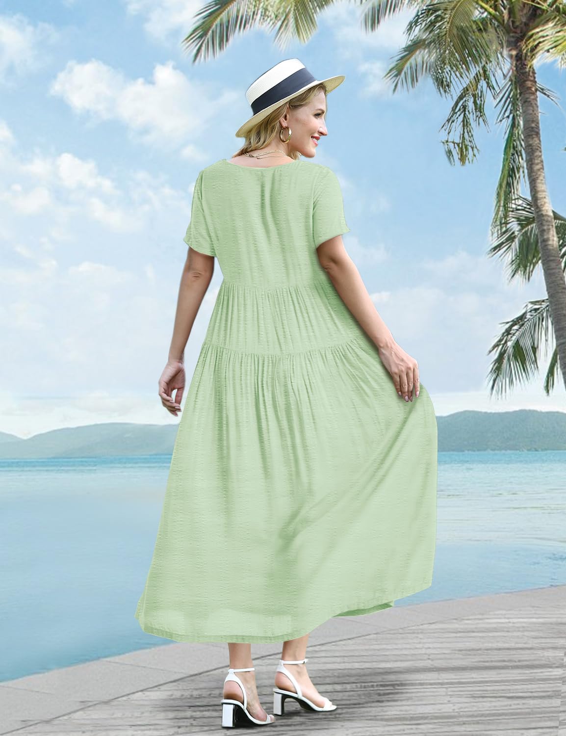 YESNO Women Casual Loose Bohemian Dress with Pockets Short Sleeve Long Maxi Summer Beach Swing Dress (M EJF Solid C Mint Green)