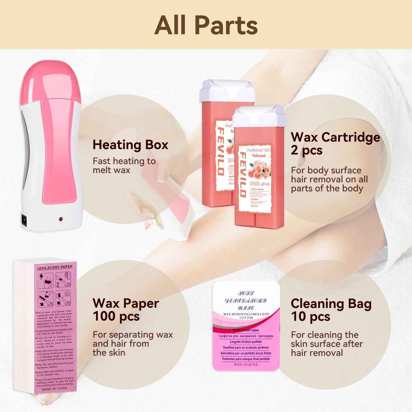 FOCTXI Hair Removal Kit for Hair Removal for Women and Men with Strip, Roll On Wax Kit with 2 Rose Soft Wax Cartridge & 100 Non-Woven Wax Strips, at Home Waxing Kit for Women, Soft, Pink