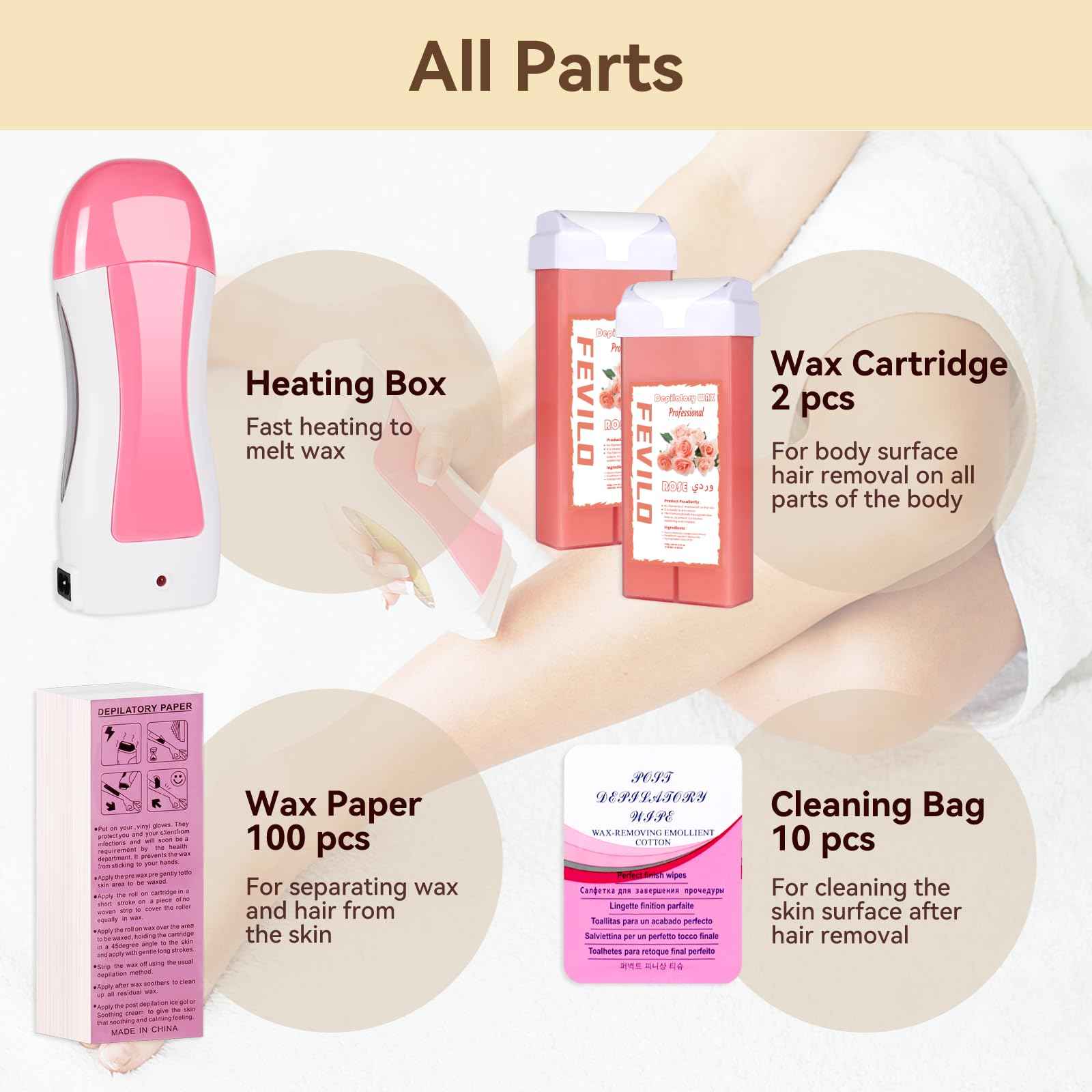 FOCTXI Hair Removal Kit for Hair Removal for Women and Men with Strip, Roll On Wax Kit with 2 Rose Soft Wax Cartridge & 100 Non-Woven Wax Strips, at Home Waxing Kit for Women, Soft, Pink