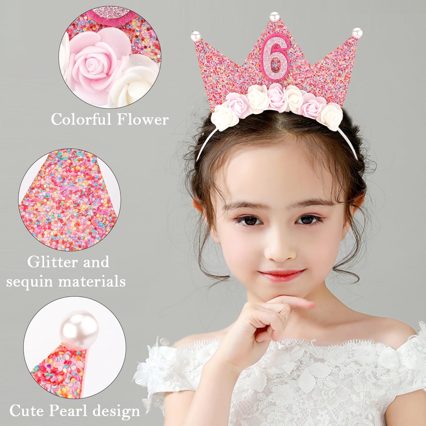 SuPoo 6th Birthday Decorations for Girl 6th Birthday Girl Headband Birthday Crown for Girls Glitter Hair Band for Party 6 Year Old Happy Birthday Decorations Flower Princess Tiara Hair Accessory