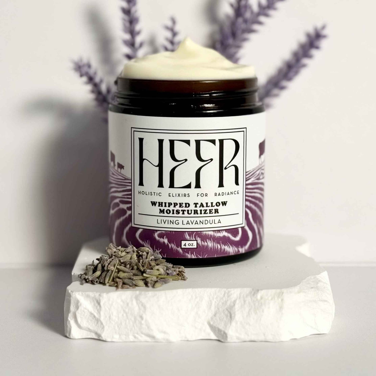 HEFR 100% Grass Fed Beef Tallow for Skin Care, All-Natural Face and Body Whipped Beef Tallow Moisturizer, Organic Beef Tallow Moisturizer for Skin, Face and Body Lotion - (Living Lavandula) 4 oz