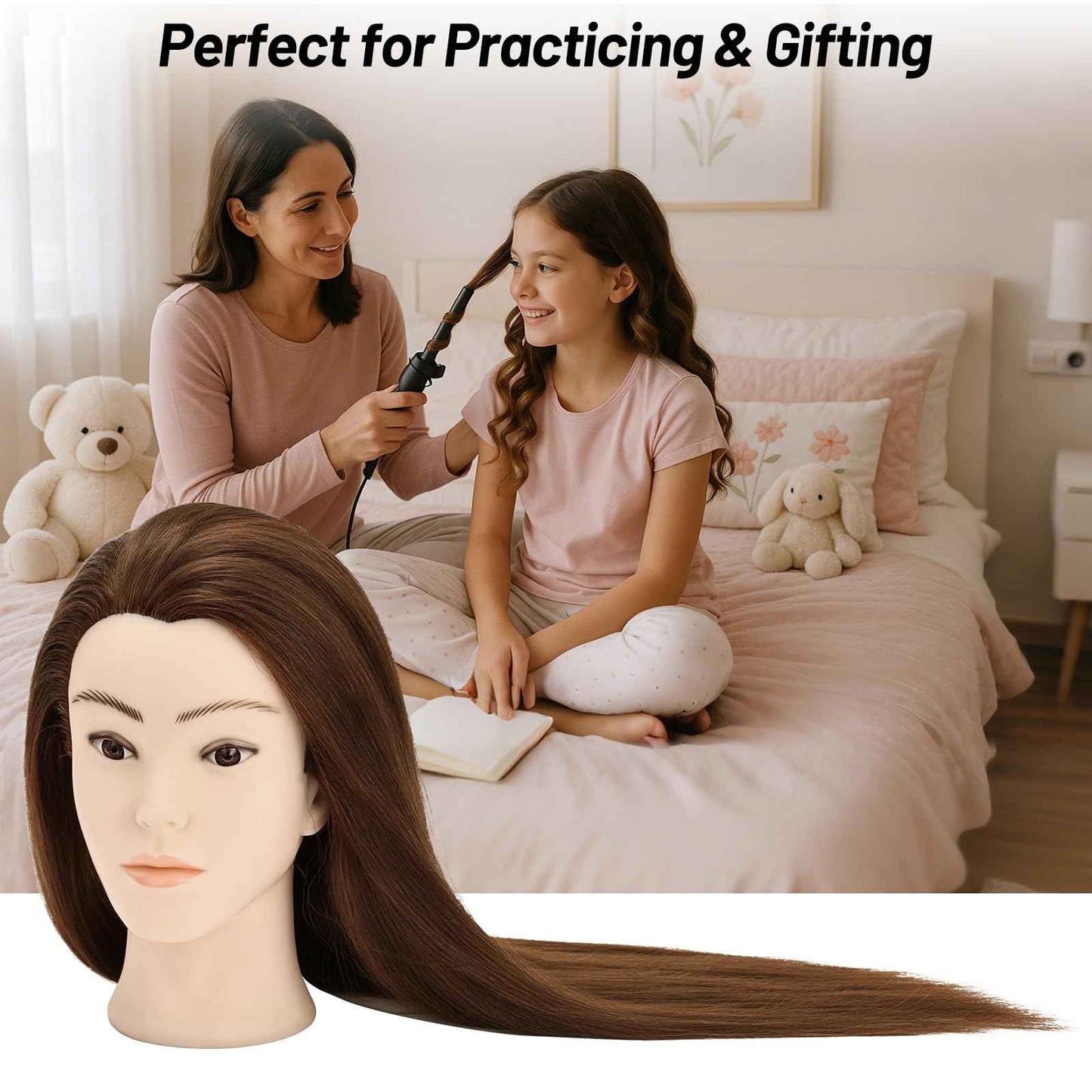 Yekavo Mannequin Head with 90% Human Hair, 24" Female Real Hair Cosmetology Mannequin Head Hair Styling Manikin Head Doll Head for Hairdresser Practice Training with Clamp Holder and Tools (Brown)