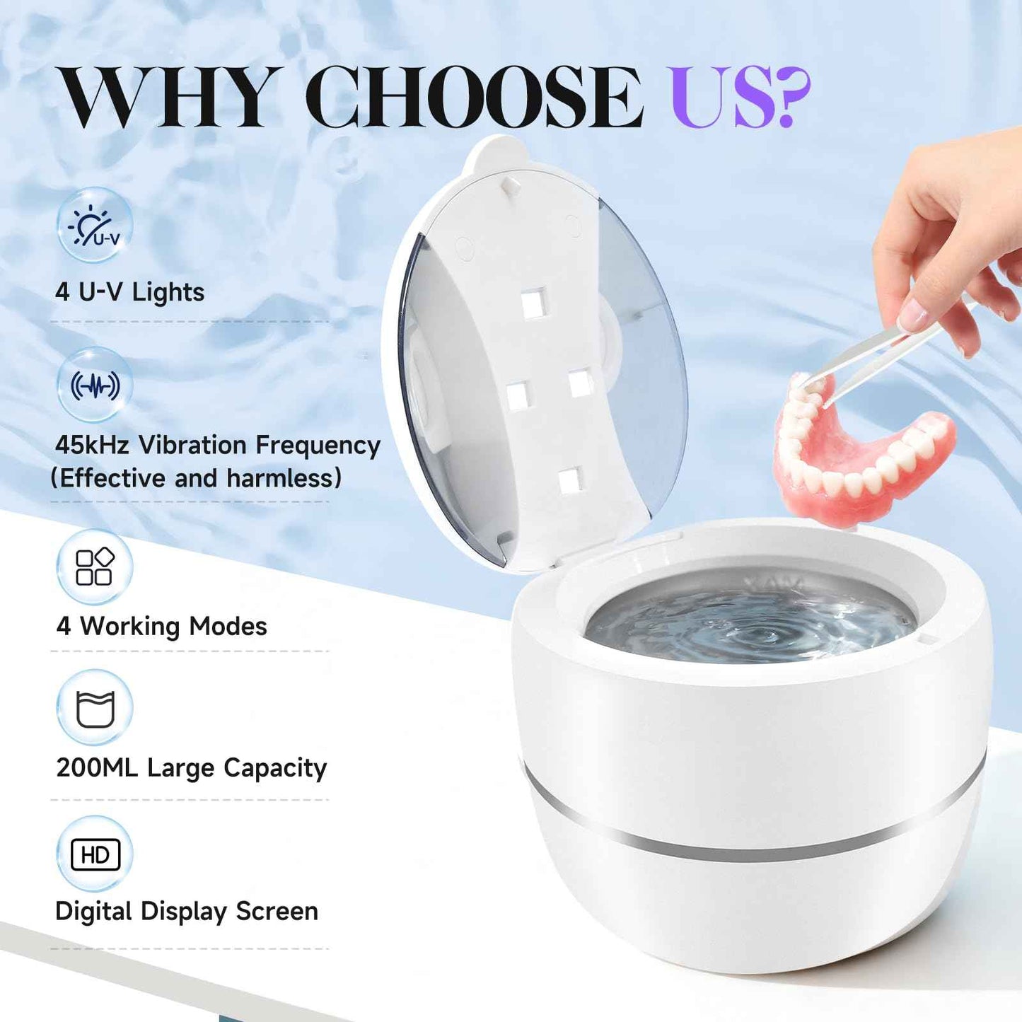 Ultrasonic Retainer Cleaner Machine Denture Cleaner for Dental Pod, Aligner, Night Guard, Braces & Mouth Guard, Features 45KHz and UV Deep Cleaning Dental,4 Modes Teeth Cleaning Tools, Digital Timer
