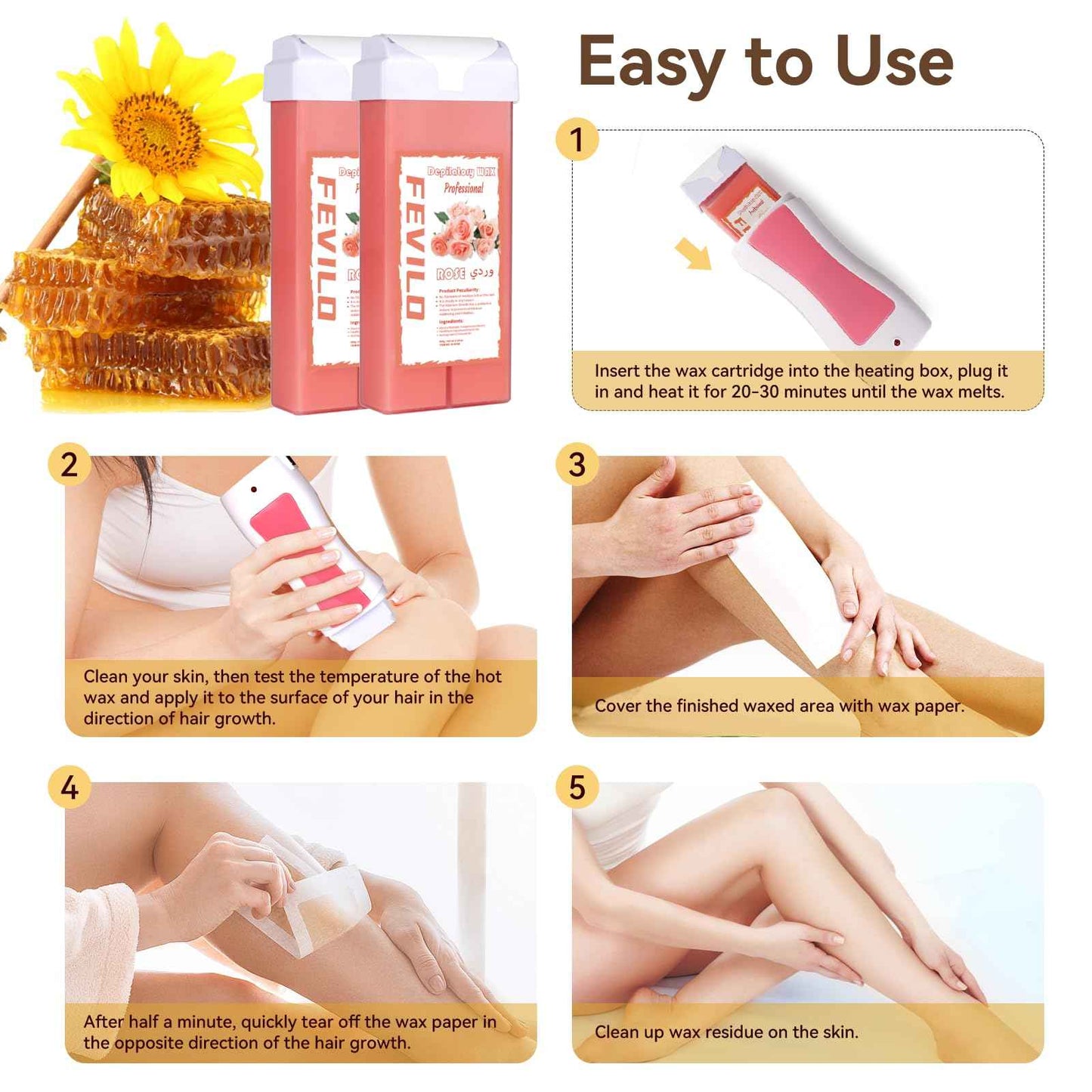 FOCTXI Hair Removal Kit for Hair Removal for Women and Men with Strip, Roll On Wax Kit with 2 Rose Soft Wax Cartridge & 100 Non-Woven Wax Strips, at Home Waxing Kit for Women, Soft, Pink