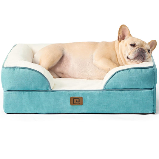 EHEYCIGA Orthopedic Dog Bed for Small Dogs, Waterproof Memory Foam Small Dog Beds with Sides, Non-Slip Bottom and Egg-Crate Foam Medium Dog Couch Bed with Washable Removable Cover, Turquoise Blue