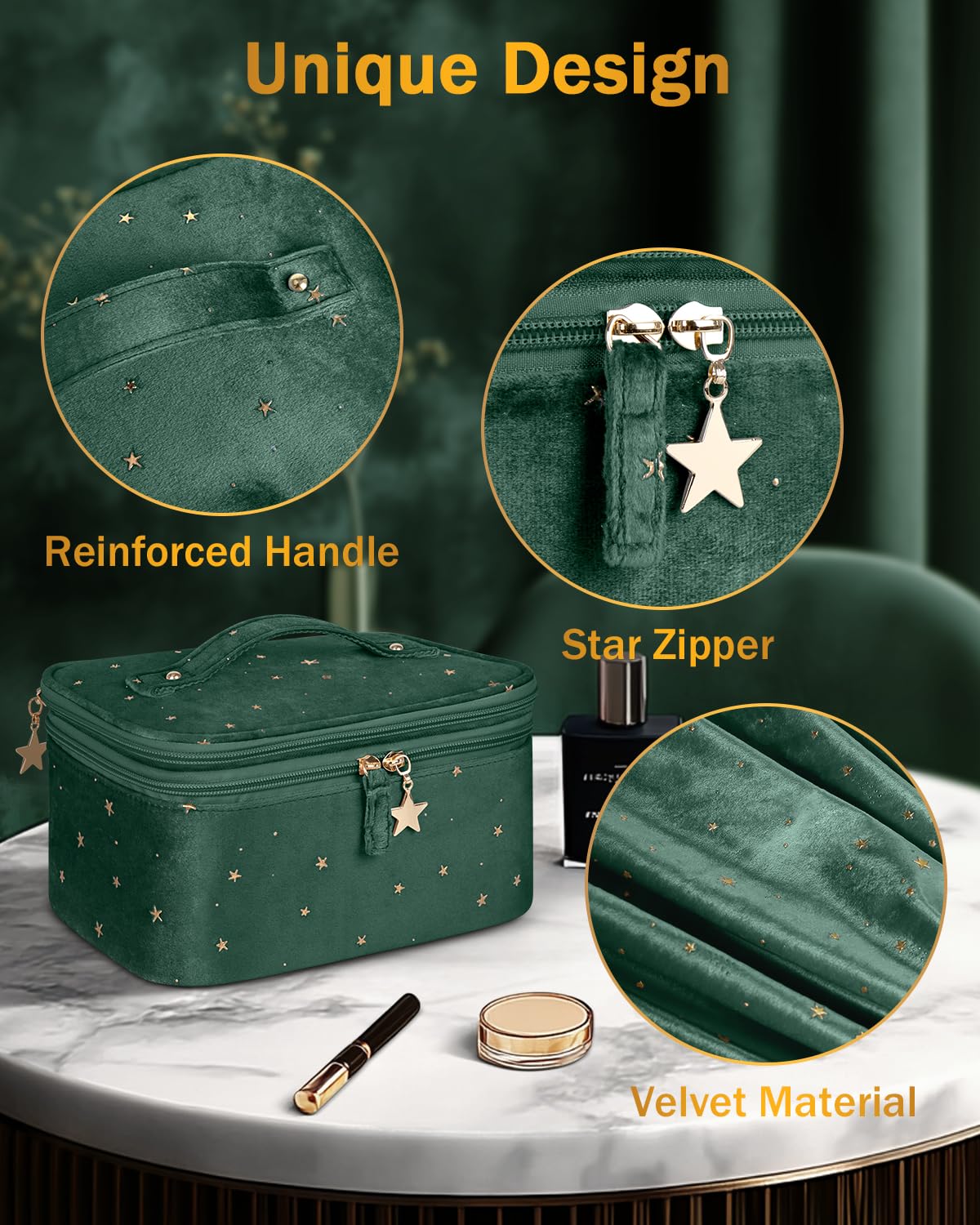 Wedama Makeup Bag, Double-layer Cosmetic Bag with Jewelry Storage and Brush Holders 3 Pcs Velvet Makeup Bag Set Travel Makeup Organizer Bags Cosmetic Case Toiletry Bag for Women Girls, Dark Green