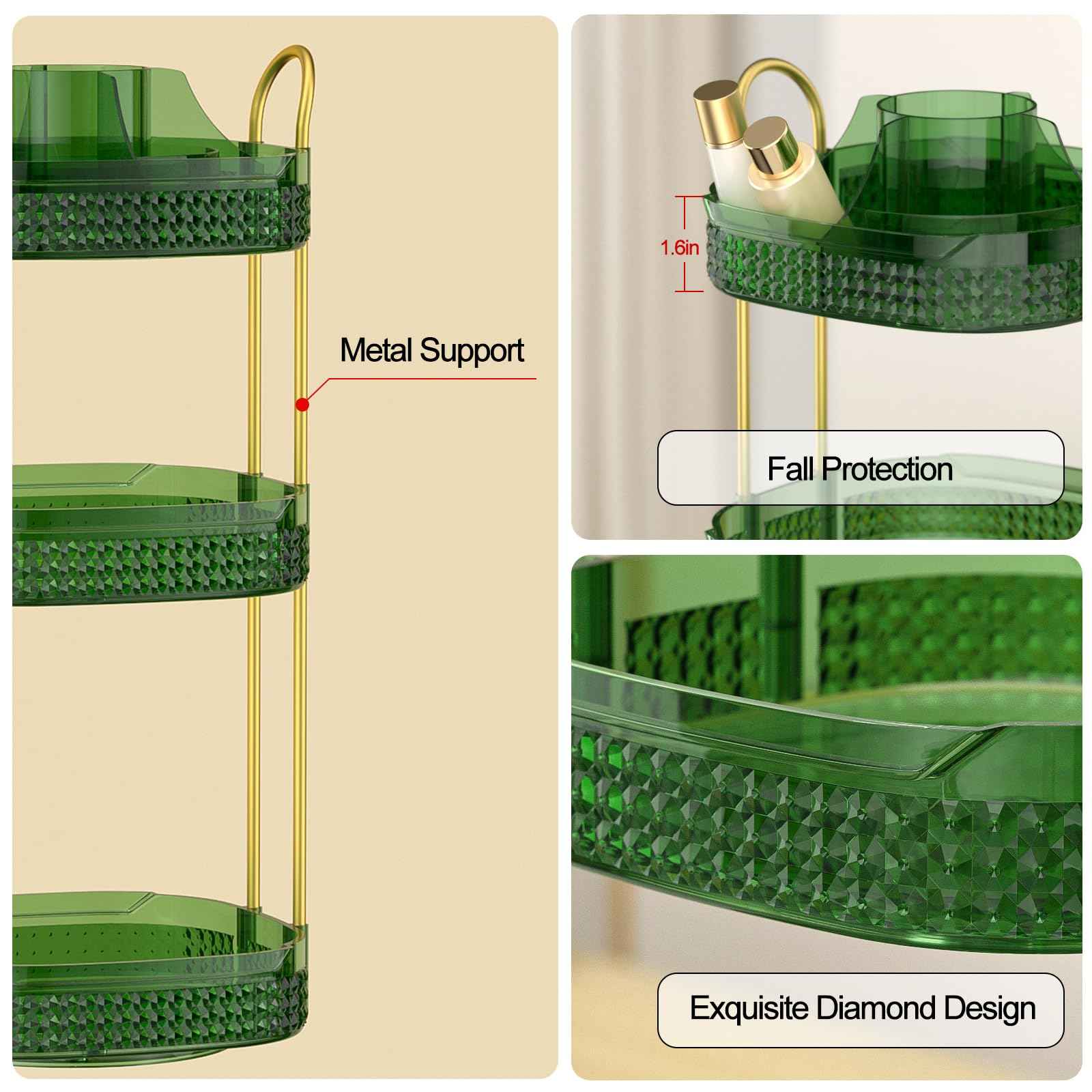 BOCONY Rotating Makeup Organizer for Vanity 3 Tier, Perfume Organizer with Makeup Brush Holder, Large Capacity Cosmetics Clear Skincare Organizer for Countertop (Green)