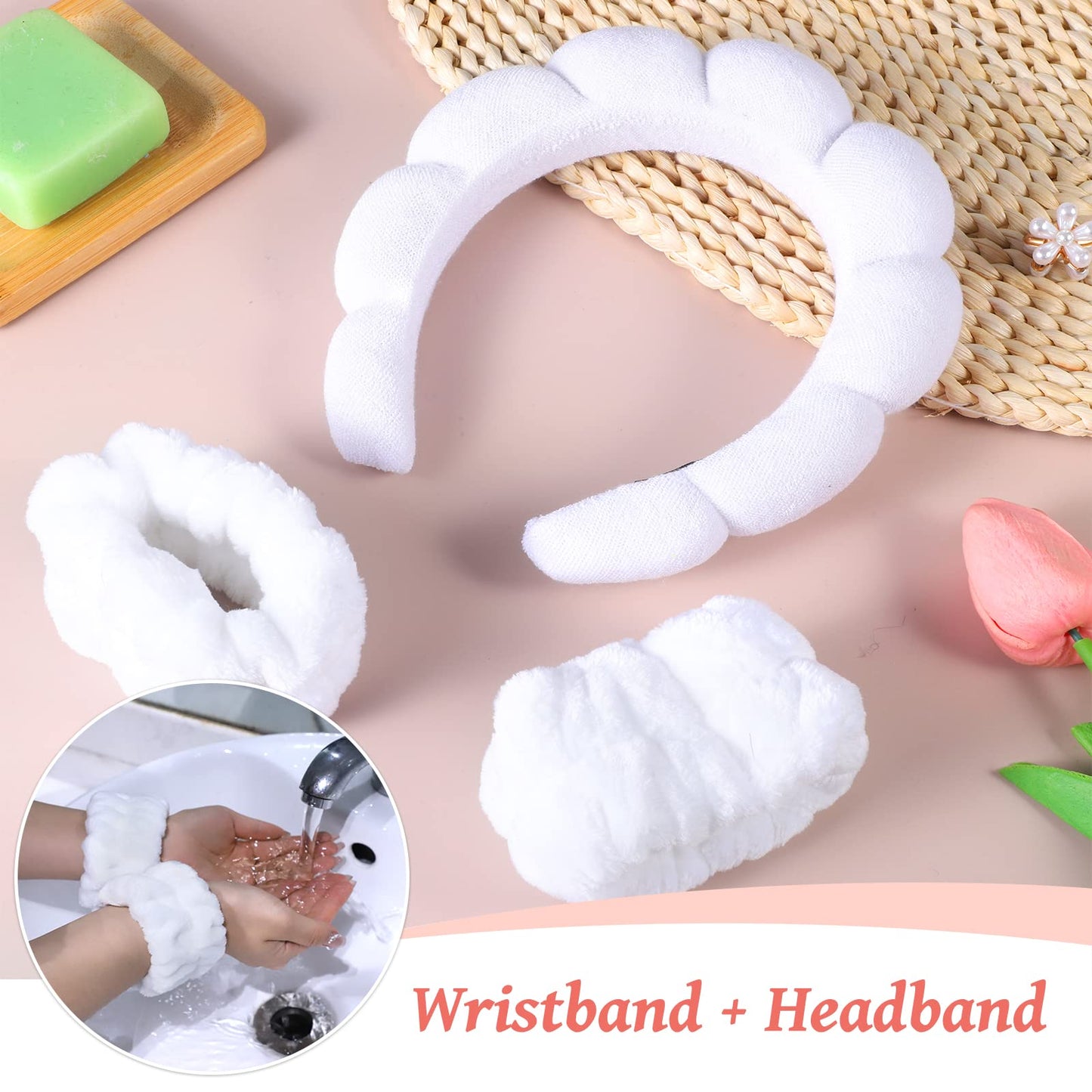 Spa Headband for Washing Face, Sponge Skincare Headband and Wrist Washband Set White Makeup Headband for Skincare, Shower for Women