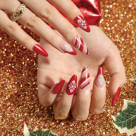 Christmas Press on Nails Medium Fake Nails Almond Glitters Strip Snowflake Pattern Red Nail Decorations Full Cover Acrylic Nail Tips Fingernails Cute New Years Party Stick on Nails for Women 24Pcs