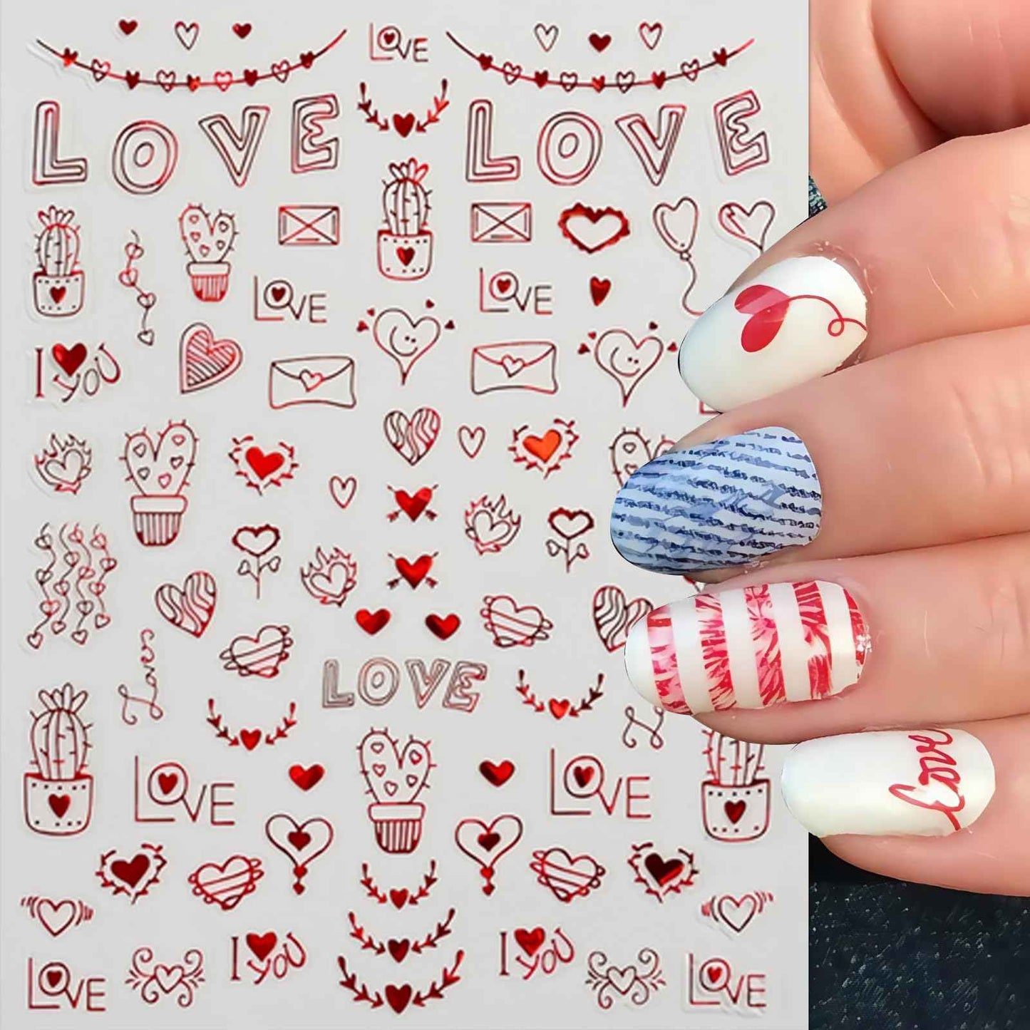 8Pcs Valentines Nail Art Stickers Decals Red Heart Nail Sticker Valentines Nail Decals 3D Self-Adhesive Laser Red Love Heart Nail Design Nail Supplies Nail Decoration for Women Girls DIY Manicure