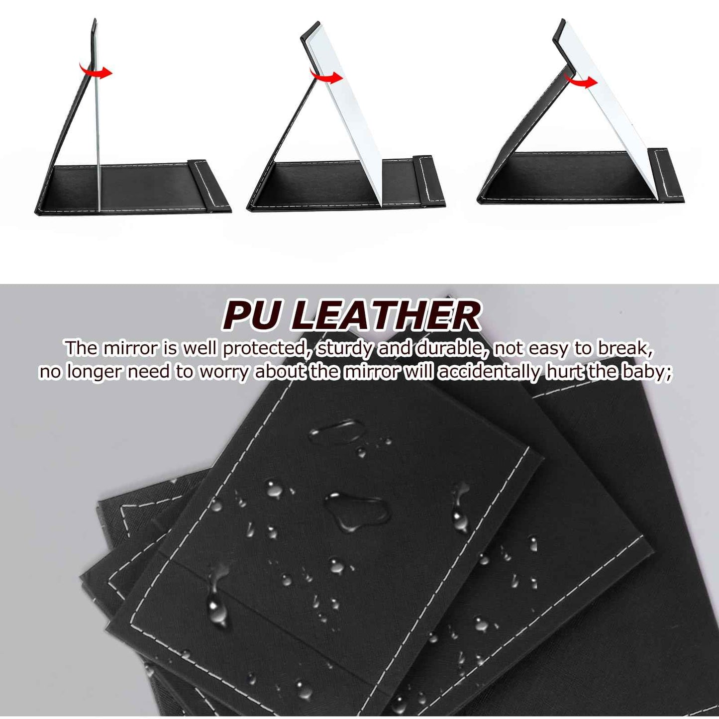 Yatnks 7x10 Inches Makeup Mirror, Portable PU Leather Folding Desktop Vanity Mirror with Adjustable Stand for Vanity Table, Office, Travel (L, Black)