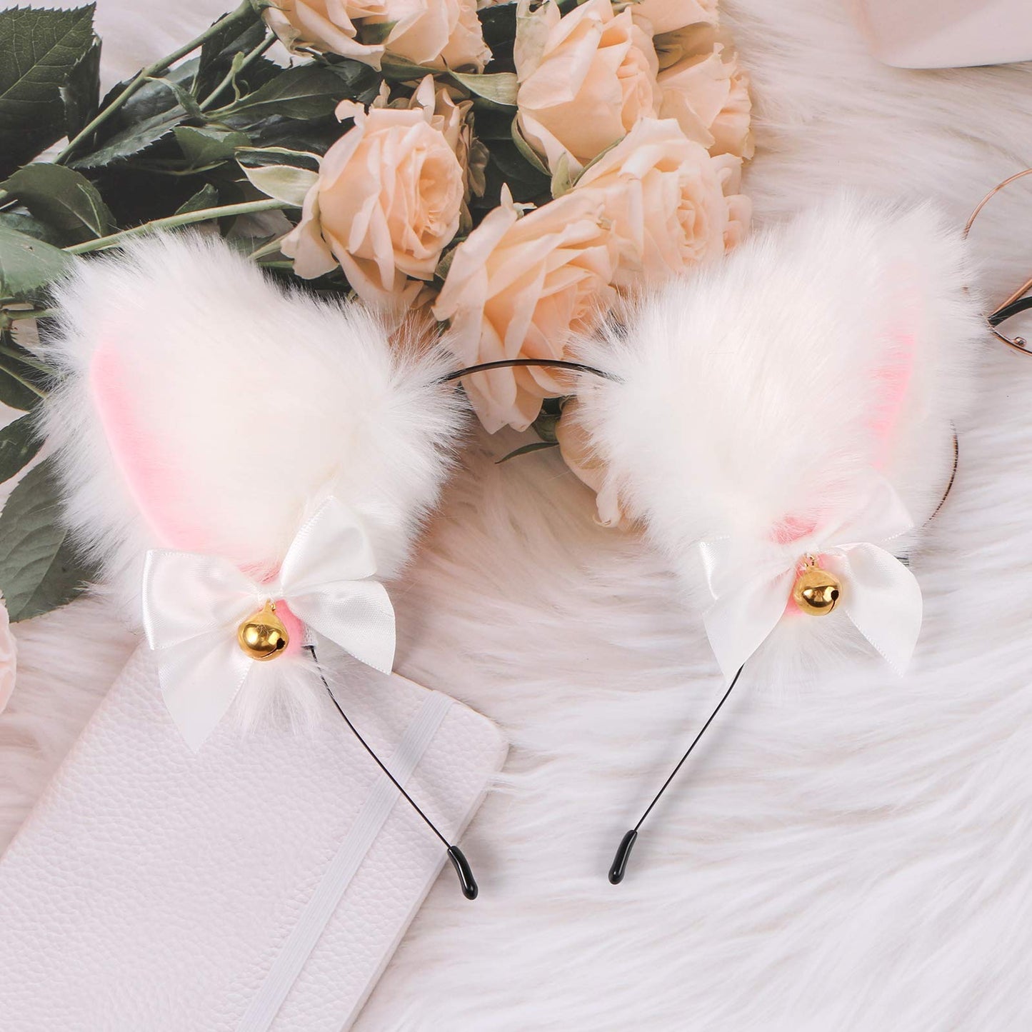 Faux Furry Anime Faux Fur Fox Ear Headband with Bells, Plush Neko Cosplay Accessory for Halloween Costume Party Fancy Dress (White-Pink)