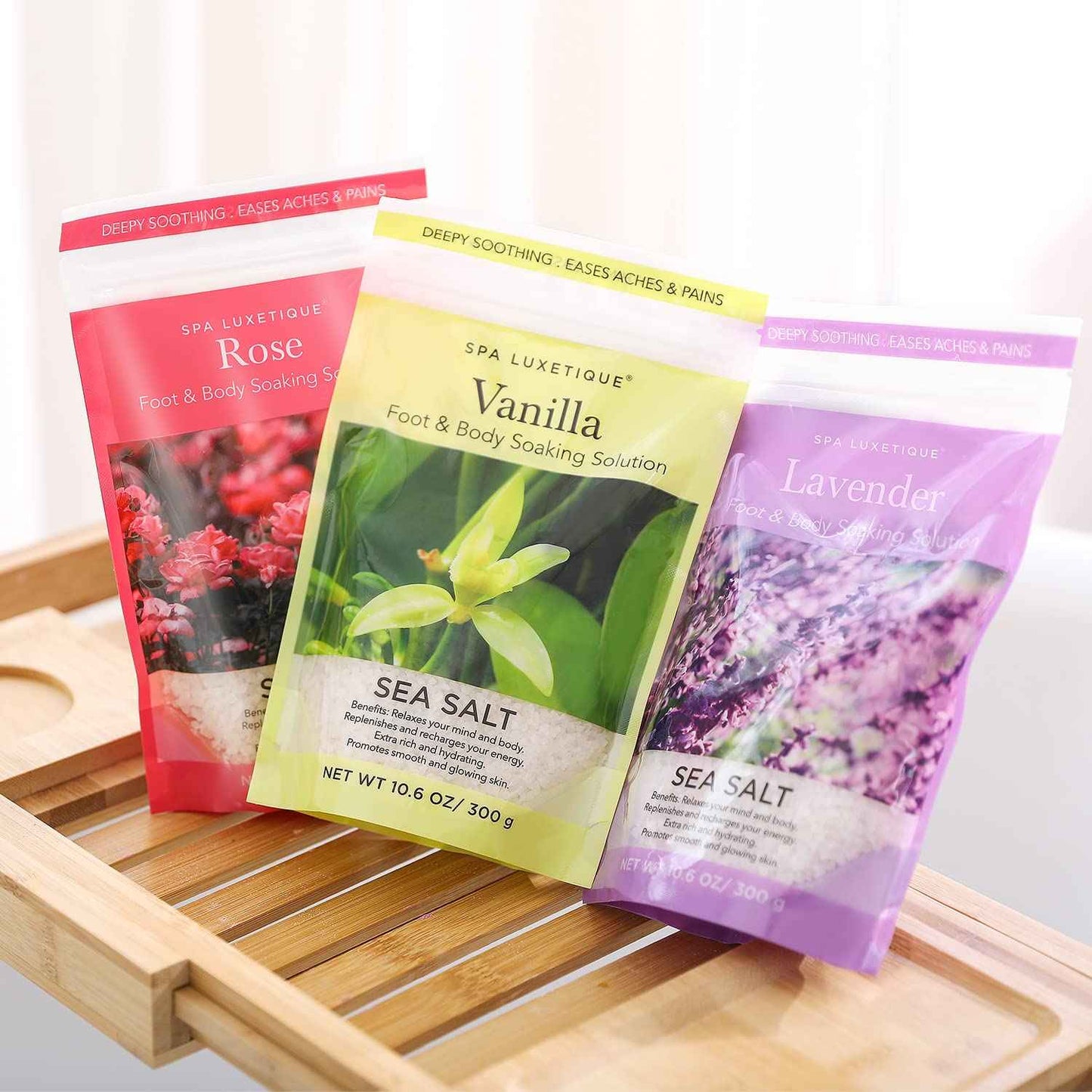 spa luxetique Bath Salts Gift Set 6-Pack, Foot and Body Sea Salts for Soaking, Wooden Scooper, 0.5oz Argan Oil, Bath Salts for Women Relaxing, Mother's Day Gifts for Mom