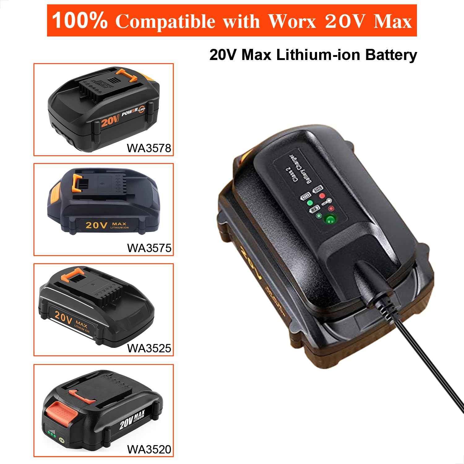 WA3742 Replace Worx 20v Lithium Battery Charger WA3742 WA3732 to Charge MAX Lithium Battery WA3520 WA3525 WA3512 WA3512.1 WA3522 WA3544 WA3575 WA3578