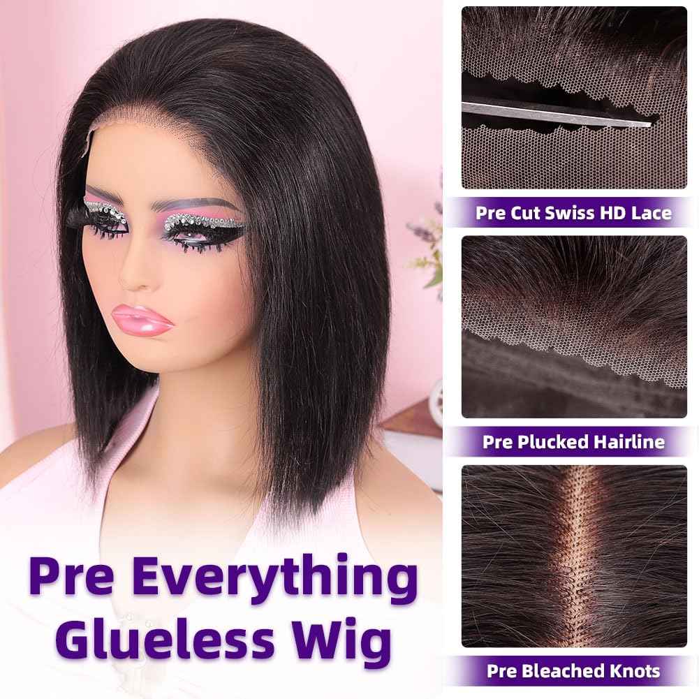 omswet Wear and Go Bob Wig Human Hair 200 Density 5x5 HD Lace Closure Pre Plucked Pre Bleached Pre Cut Glueless Wig Bob Wigs for Black Women Human Hair Glueless Short Wigs Natural Black 10 Inch