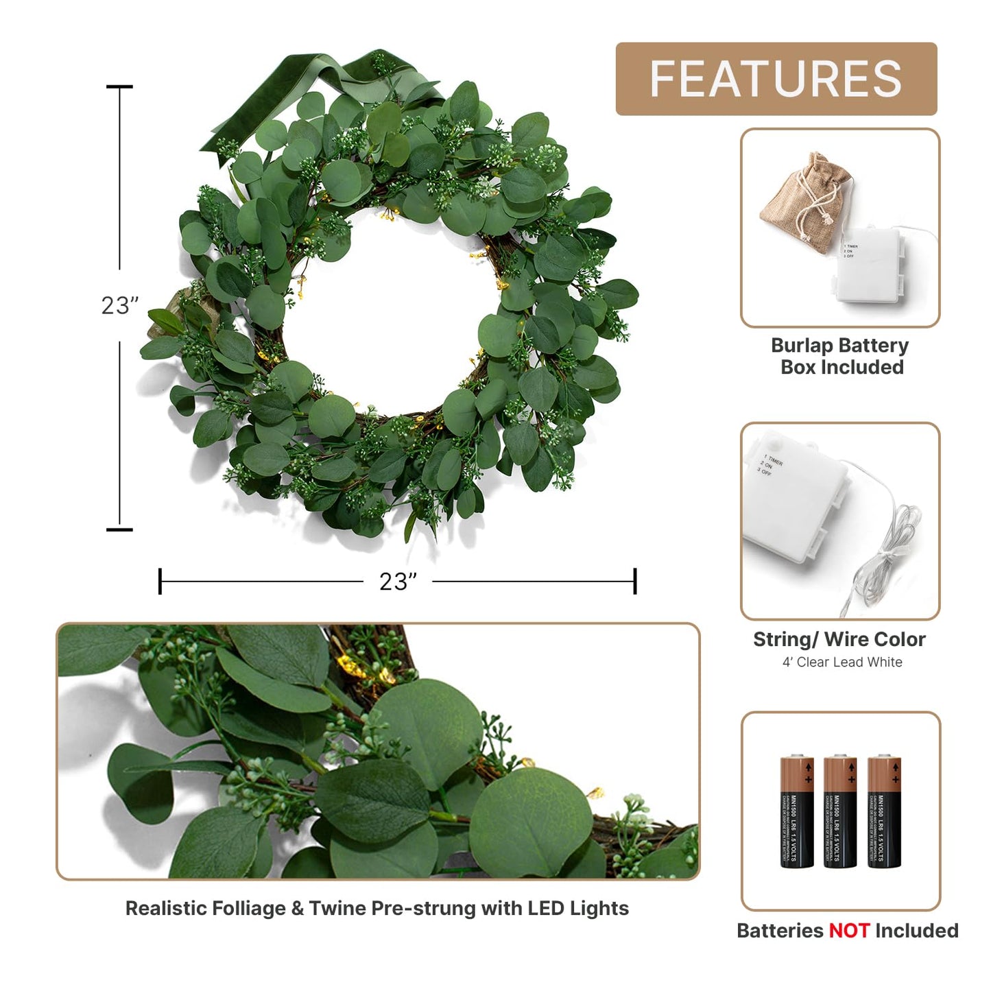 LampLust Eucalyptus Wreath for Front Door, 24 Inch Door Wreath with Lights, 80 LED Lights, Battery Operated, Timer Included, Christmas Wreaths, Farmhouse Wreath, Christmas Decorations Holiday Decor