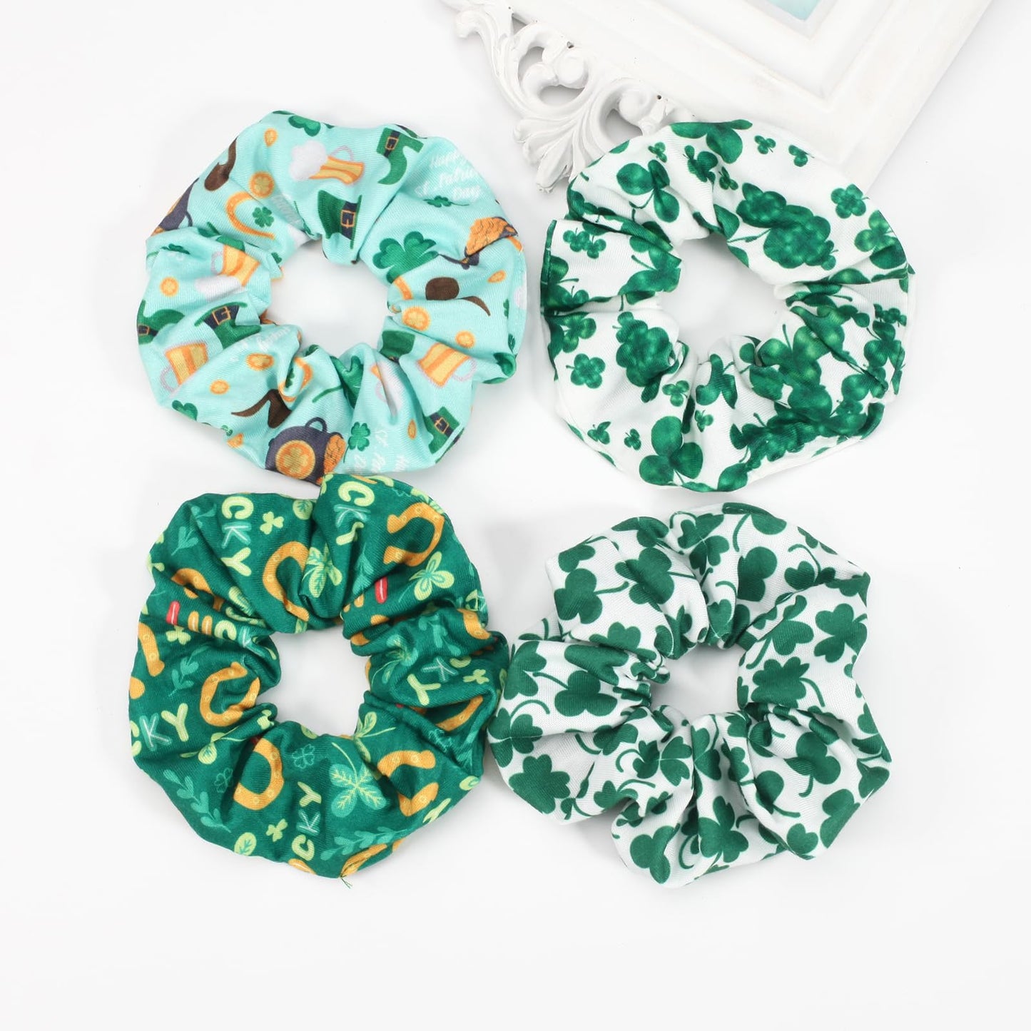 Lonext 4 Pieces St. Patrick's Day Hair Scrunchies Lucky Irish Green Shamrock Holiday Elastic Hair Bands Hair Scrunchies Hair Ties