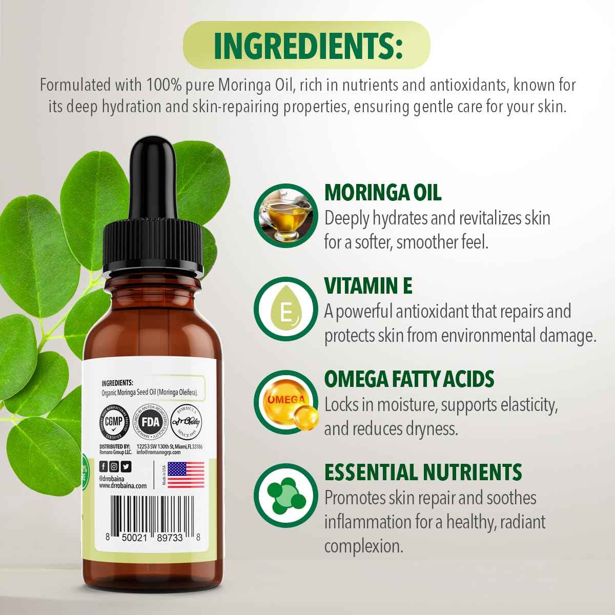 Dr. Robaina 100% Pure Organic Moringa Seed Oil – Cold-Pressed, Unrefined & Hexane-Free Face, Hair & Nail Moisturizer – Fast-Absorbing Non-Greasy Hydration – 2 fl oz Dropper Bottle – Made in USA