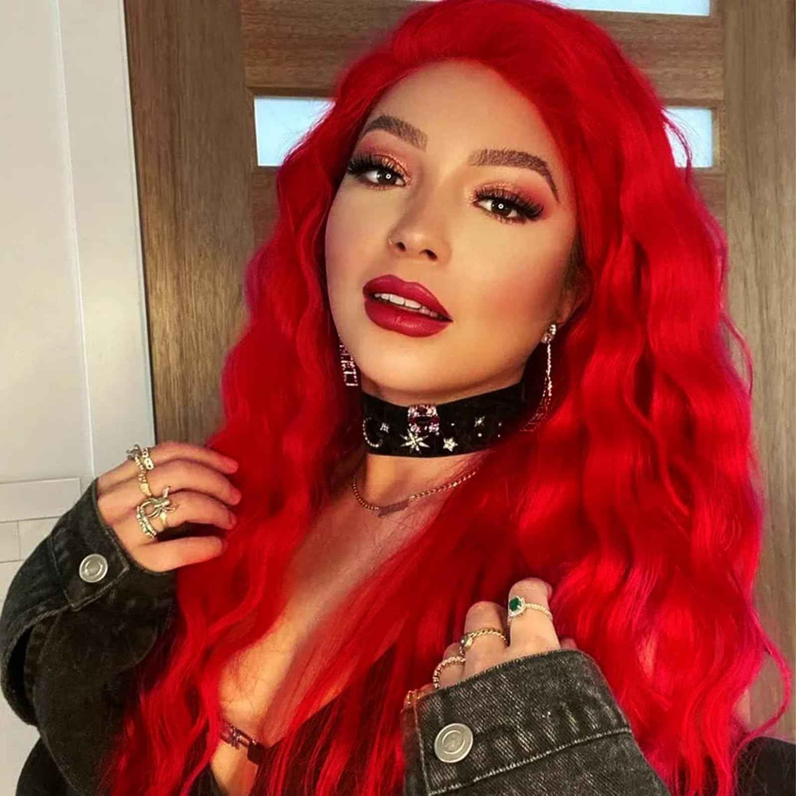 AFBeauty Bright Red Synthetic Lace Front Wig for Women Pastel Red Lace Front Wigs Pre Plucked Hairline Long Loose Wavy Curly Synthetic Lace Front Wig Glueless Heat Resistant 26 Inch Daily Cosplay