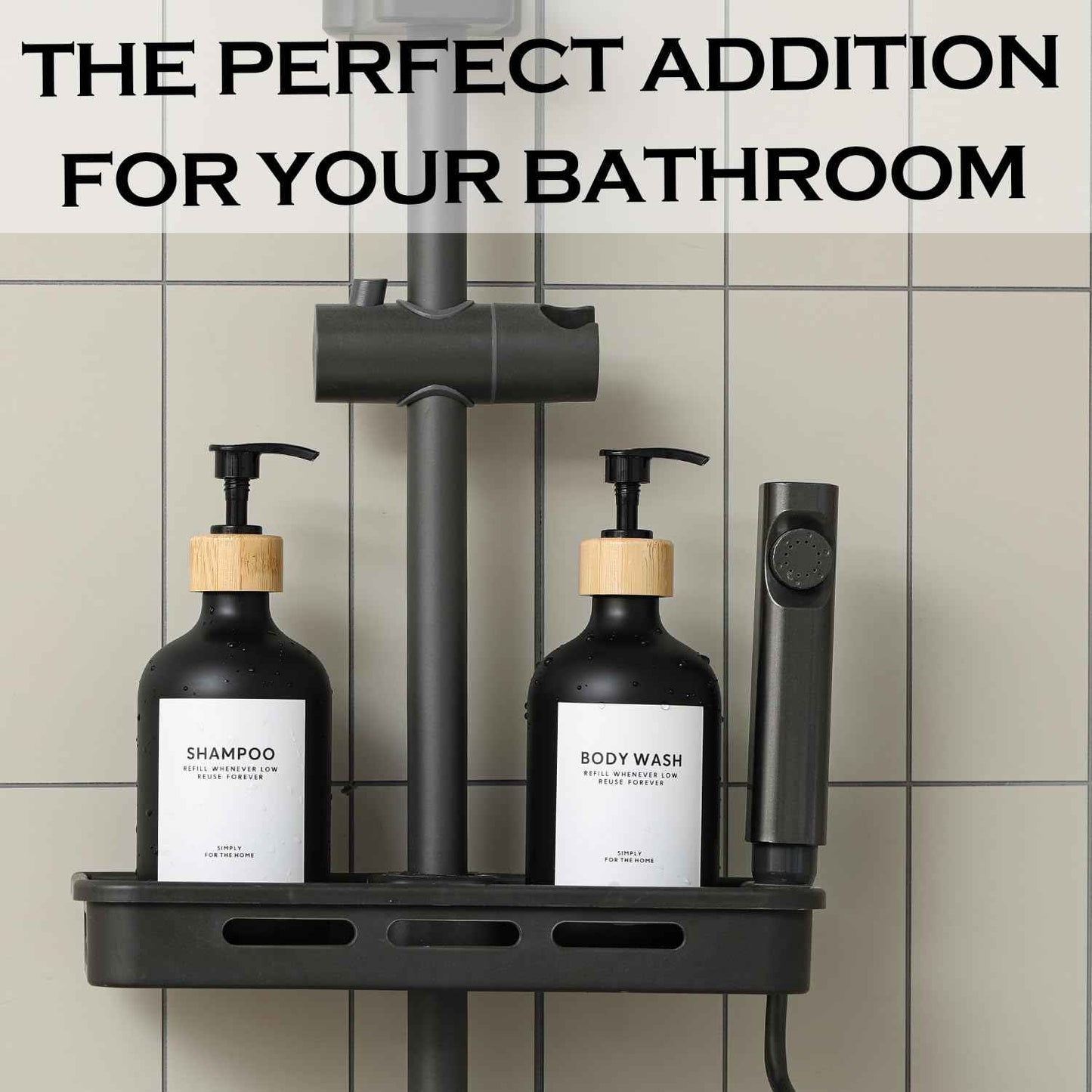 Shampoo and Conditioner Dispenser,16.9 fl oz Set of 3 Black Plastic Refillable Shower Shampoo Dispenser with Bamboo Tray, Reusable Pump Bottles with Labels for Bathroom Décor (Black+Bamboo Tray)