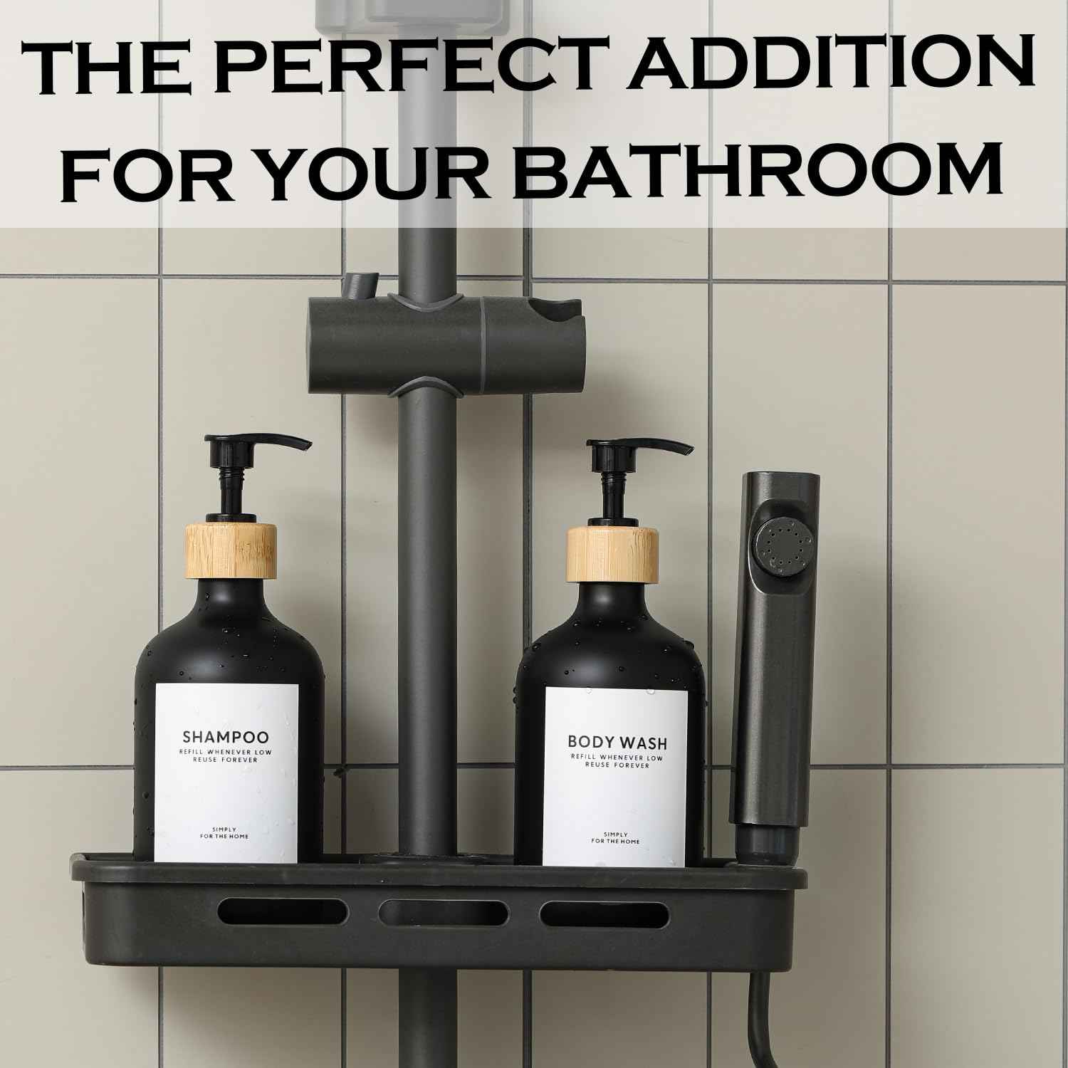 Shampoo and Conditioner Dispenser,16.9 fl oz Set of 3 Black Plastic Refillable Shower Shampoo Dispenser with Bamboo Tray, Reusable Pump Bottles with Labels for Bathroom Décor (Black+Bamboo Tray)