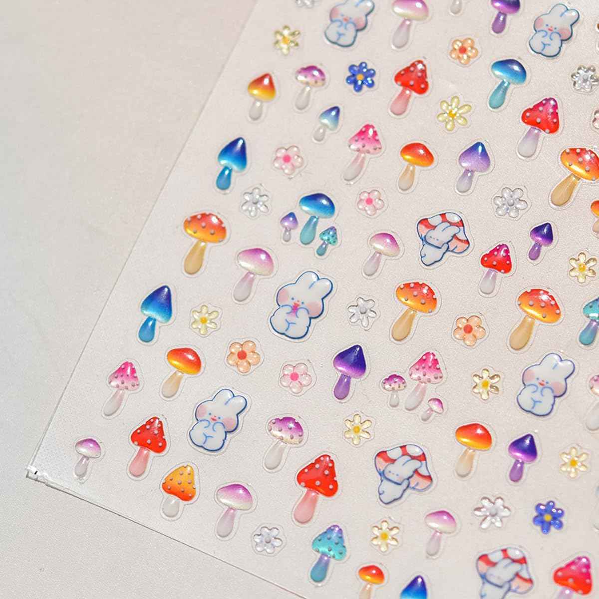 1 Sheet Cute Mushroom Nail Stickers Rabbit Flower Nail Art Decals 5D Jelly Sense Self-Adhesive Nail Design Stickers for Women DIY Spring Nail Art Supplies Acrylic Nails Accessories