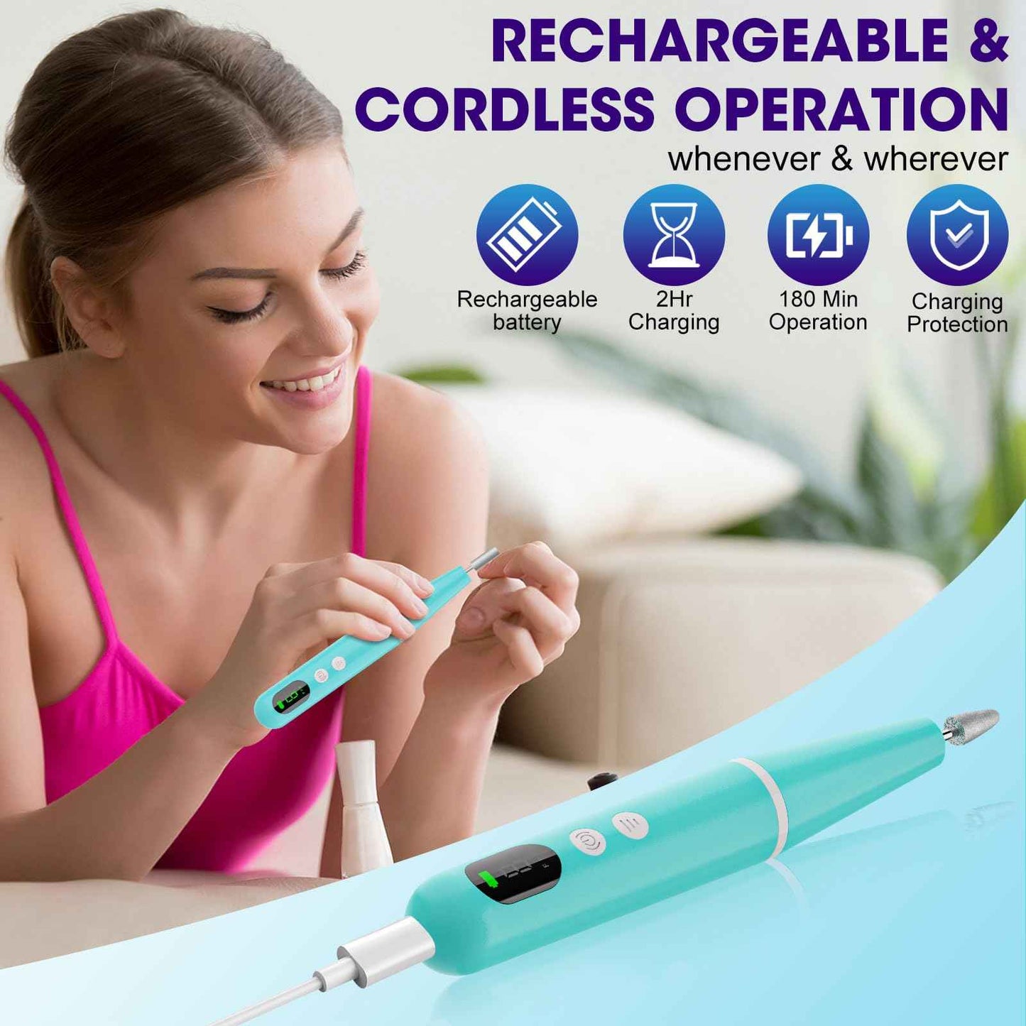 Electric Cordless Nail Drill, Super Lightweight Electric Nail File, Professional Manicure Pedicure Kit with 9 Speed & LCD Display, Nail Grinder for Thick Toenail Cuticle Women Men Baby Pets