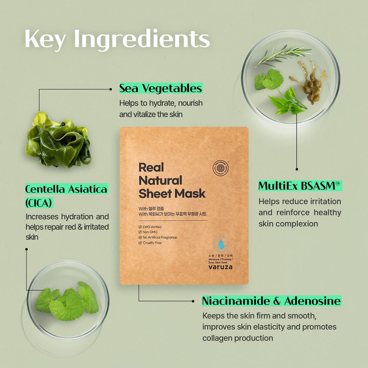 K-Beauty Real Natural Sheet Mask with Blue Ampoule with Unbleached & Non-fluorescent sheet EWG Verified Non-GMO No Artificial Fragrance Made in Korea 10 Count