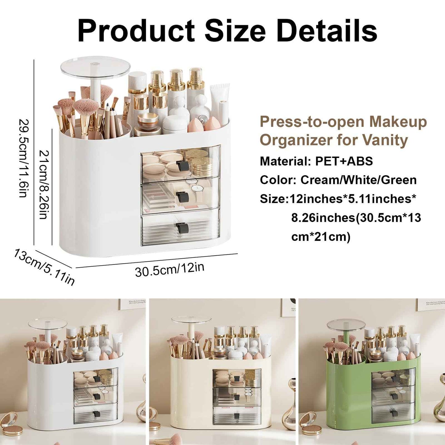 DASITON Makeup Organizer with 3 Drawers,Automatic Lifting Makeup Brush Holder with Lid,Large Capacity Makeup Organizers for Vanity,Bathroom Countertop,Ideal Storage Skin Care,Brushes,Lipstick (White)