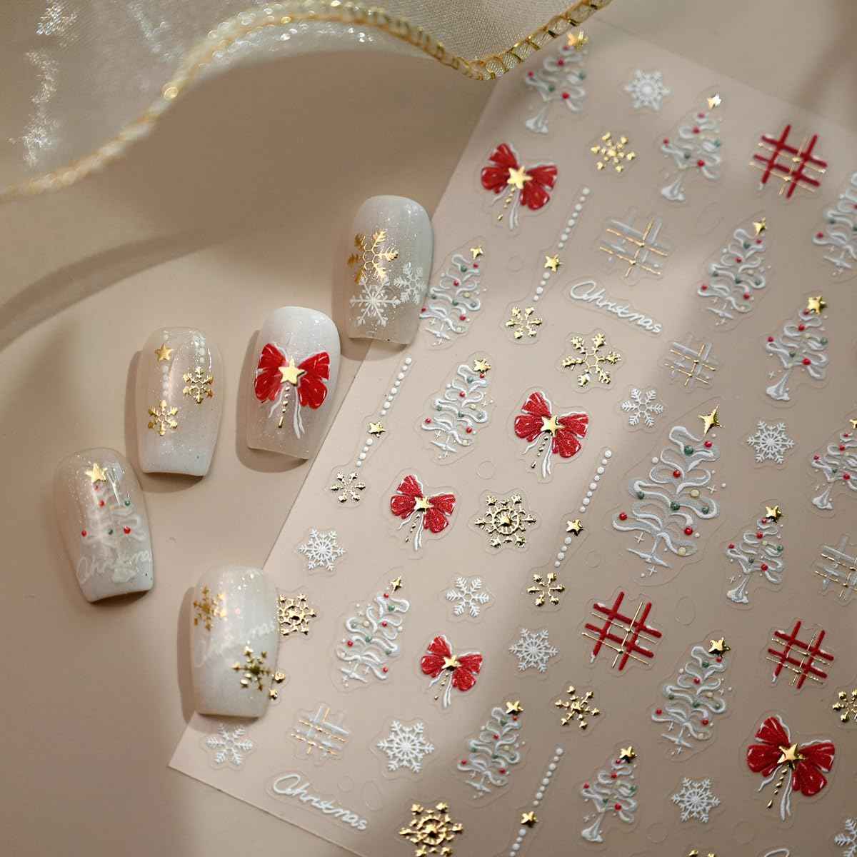 Christmas Nail Art Stickers 5D Embossed Christmas Nail Decals with Snowflake Xmas Tree Bow Design Self Adhesive Winter Nail Art Supplies for Women Girls Nail Art DIY 1 Sheet