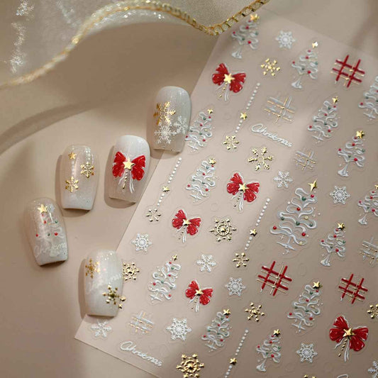 Christmas Nail Art Stickers 5D Embossed Christmas Nail Decals with Snowflake Xmas Tree Bow Design Self Adhesive Winter Nail Art Supplies for Women Girls Nail Art DIY 1 Sheet
