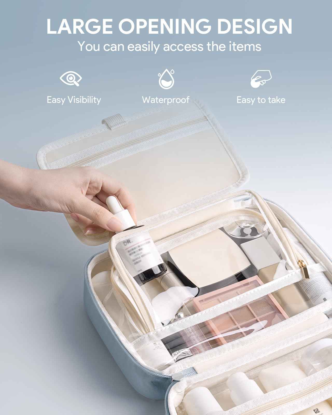 Lotour Travel Toiletry Bag for Women with Travel Size Silicone Containers Set, Hanging Toiletry Bag for toiletries, Cosmetic Bag Travel Organizer (Blue)