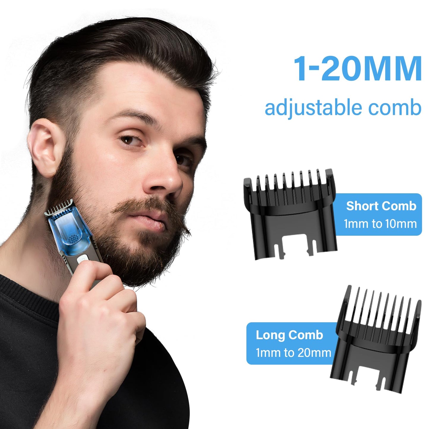 NanoGroom Electric Beard Trimmer for Men, Vacuum Beard Trimmer, 20 Length and Style Settings with Adjustable Length Comb (1-20mm) Mustache Trimmer, Washable, Removable Blades - Blue