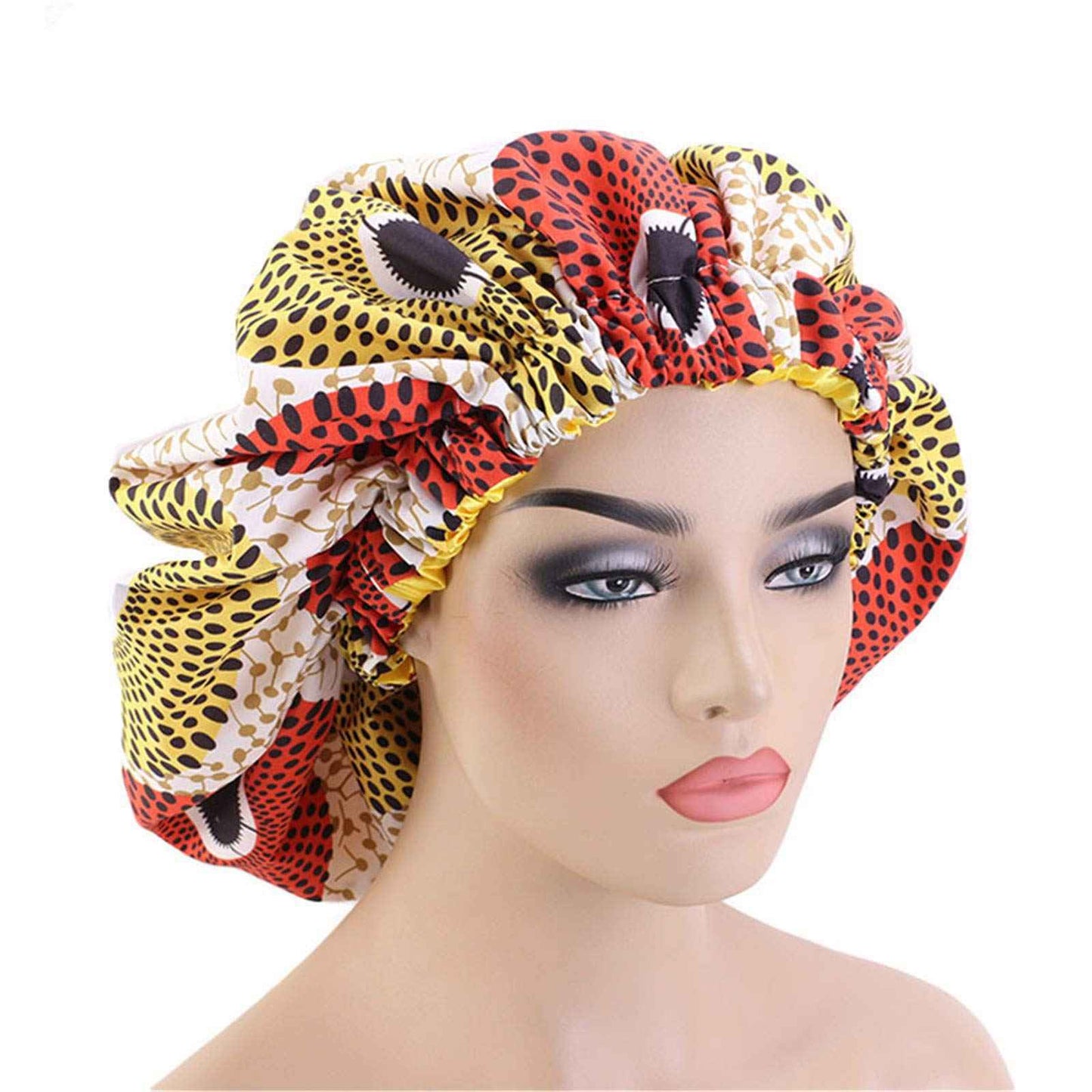Qianmome Women Double-Layer Extra Large Print Satin Bonnet Sleep Cap African Pattern Fabric Ankara Bonnets