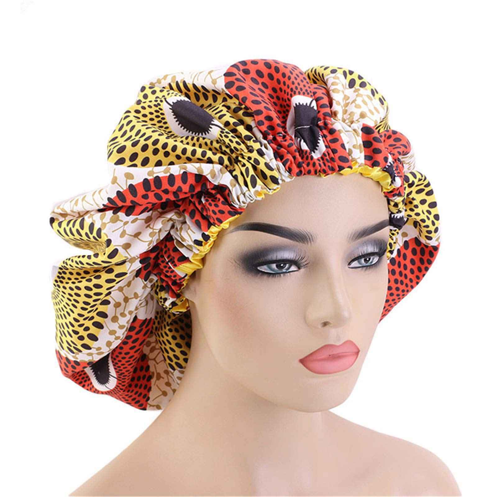 Qianmome Women Double-Layer Extra Large Print Satin Bonnet Sleep Cap African Pattern Fabric Ankara Bonnets