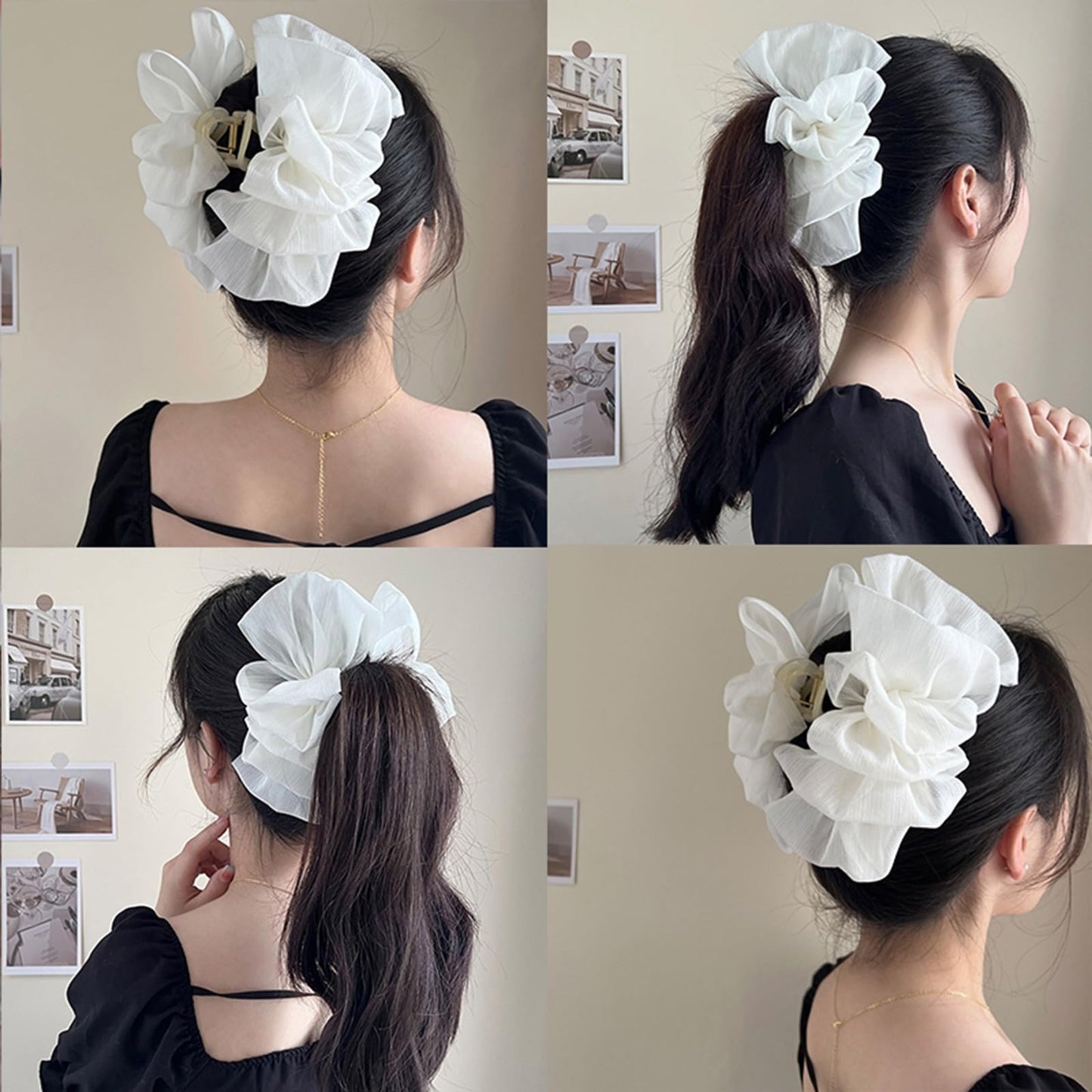 papasgix Chiffon Silk Hair Accessories: Large Fabric Floral Bows, Plastic Claw Clips for Women and Girls (2, White+Black)