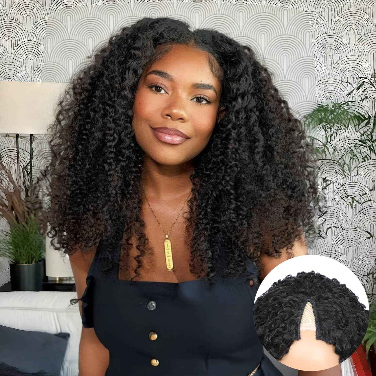 V Part Burmese Curly Wig for Black Women, Glueless Protein Silk Synthetic Curl Upgraded U Part Wigs Soft Natural Human Hair Feel, Lightweight Beginner Friendly Upart, Daily Wear/Time-Saving Vpart