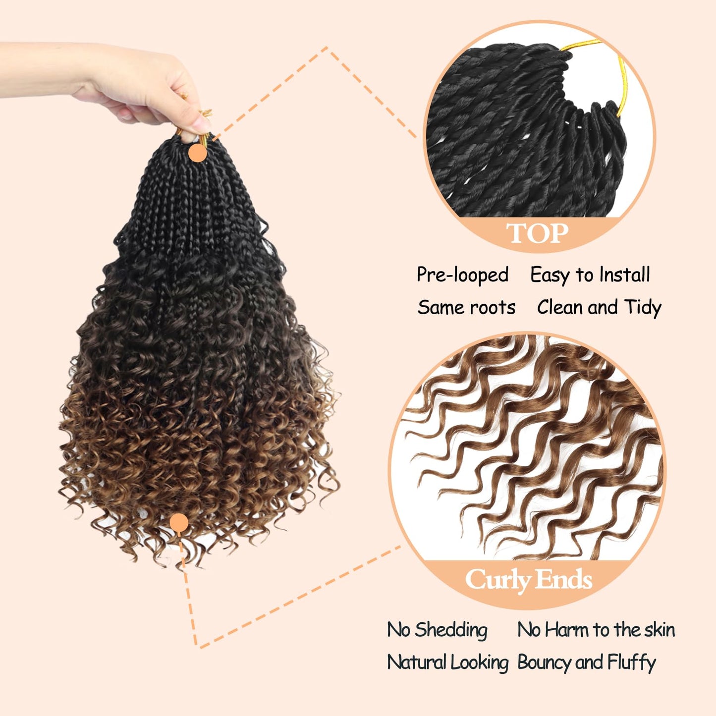 8 Packs Boho Box Crochet Braids Pre Looped with Curly Ends - 8 Inch Goddess Bohemian Box Braids Crochet Hair for Black Women Synthetic 3X Boho Braids Crochet Hair Extensions Pre Looped 1B-4-30