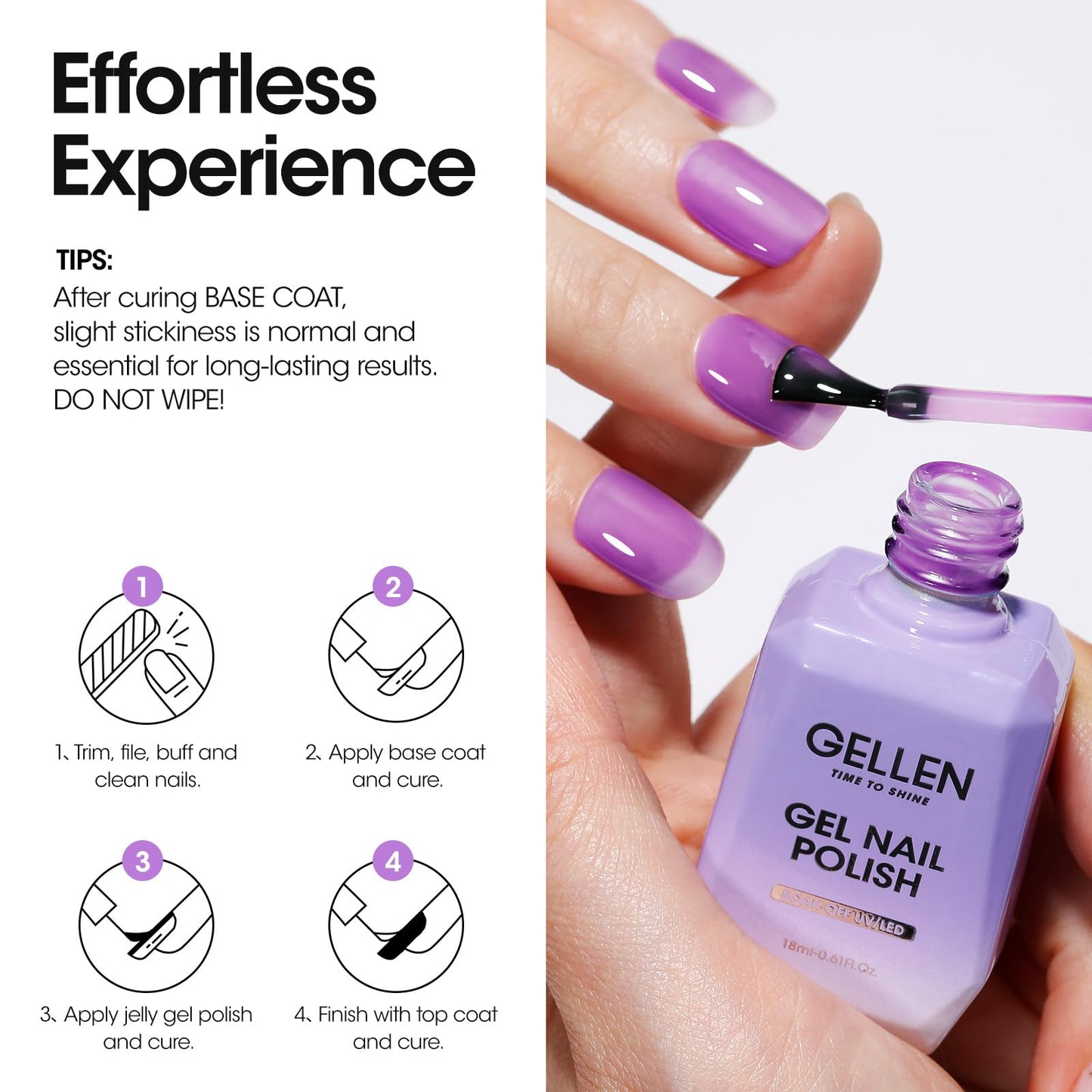 Gellen Jelly Gel Nail Polish, 18ml Jelly Bright Purple Gel Polish Translucent Purple Jelly Gel Polish Soak Off UV LED Nail Gel Polish for Nail Art DIY at Home, 0.61 OZ